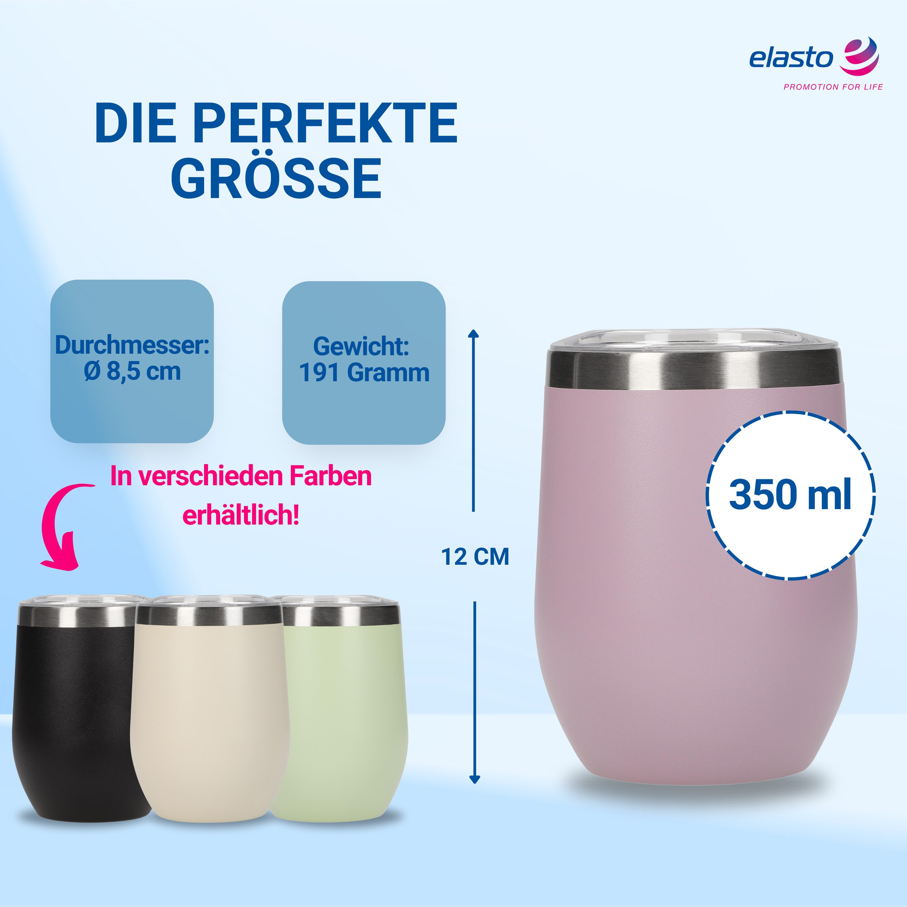 elasto Becher Weinbecher 350 ml Vinova Edelstahl Trinkbecher inkl. Strohhalm, robust, spülmaschinengeeignet, Sommer, Geschenk