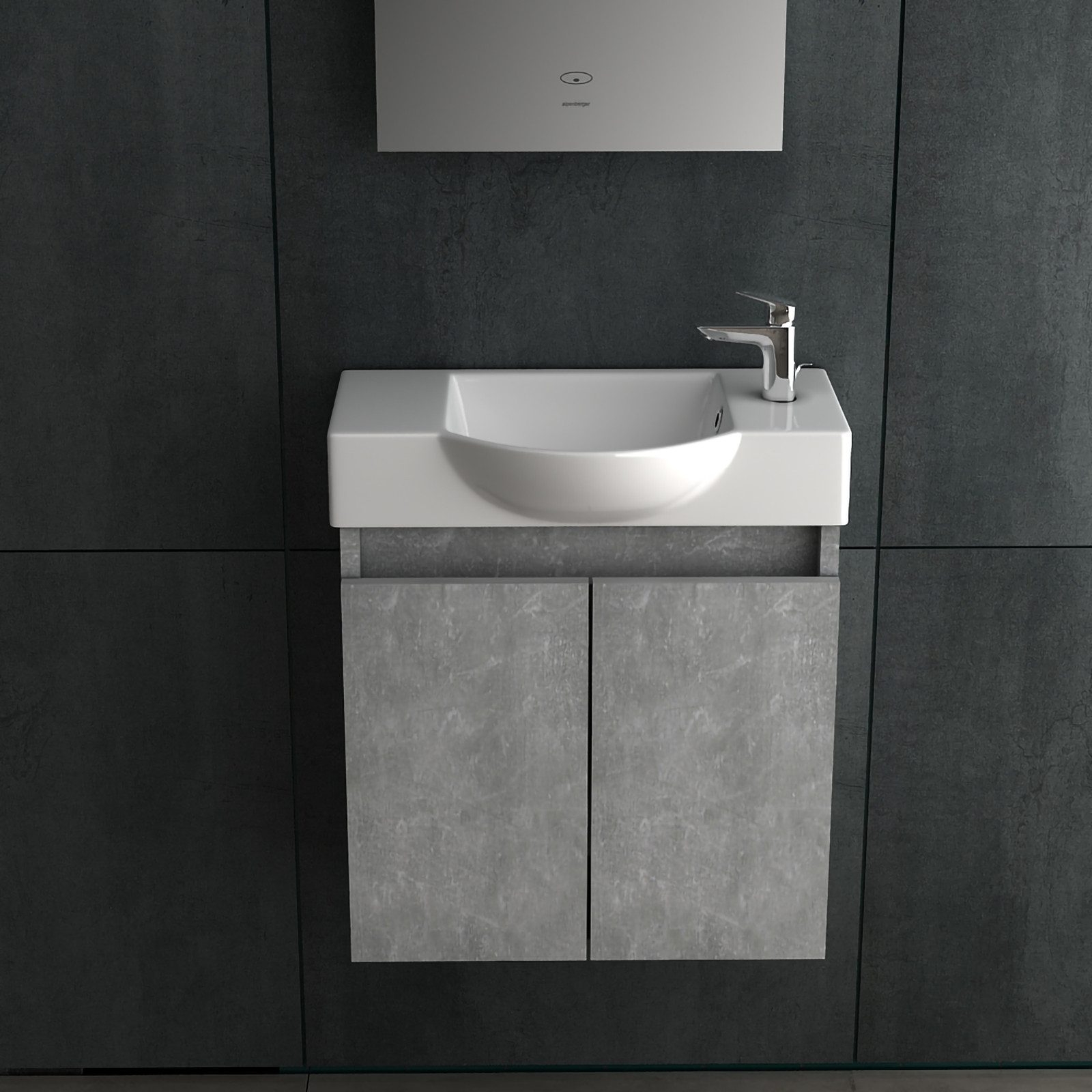 Alpenberger Waschbecken & Badmöbel Set Grau - Handwaschbecken mit Unterschrank Hängend (Komplett-Set für Gäste WC, 2-St., Vormontierter Bad Waschtisch 2-tlg), 2 türiger Badschrank mit Soft-Close, links Becken mit Überlauf
