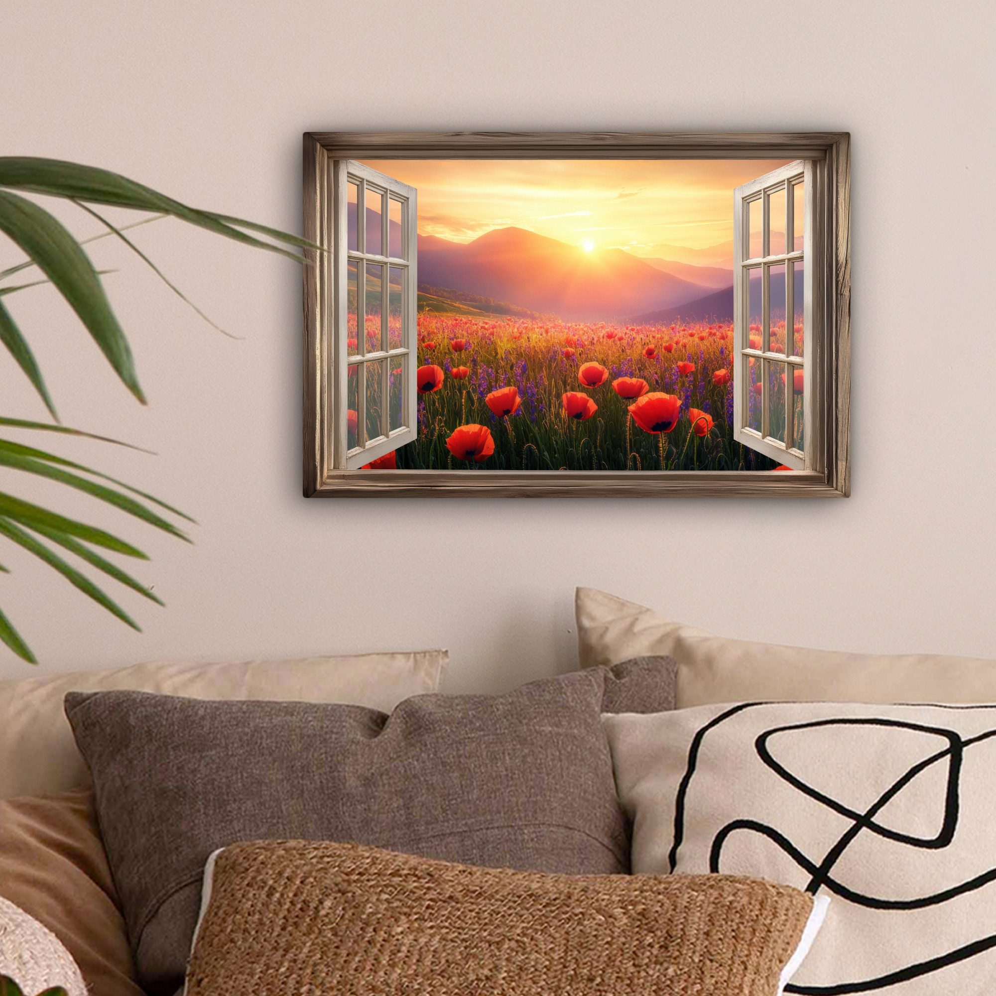 OneMillionCanvasses® Leinwandbild Fensterblick - Fenster - Mohnblumen - Blumen - Rot - Offenes Fenster, Fotodruck (1 St), Leinwand Bilder Klein, Wand Dekoration Aesthetic 30x20 cm