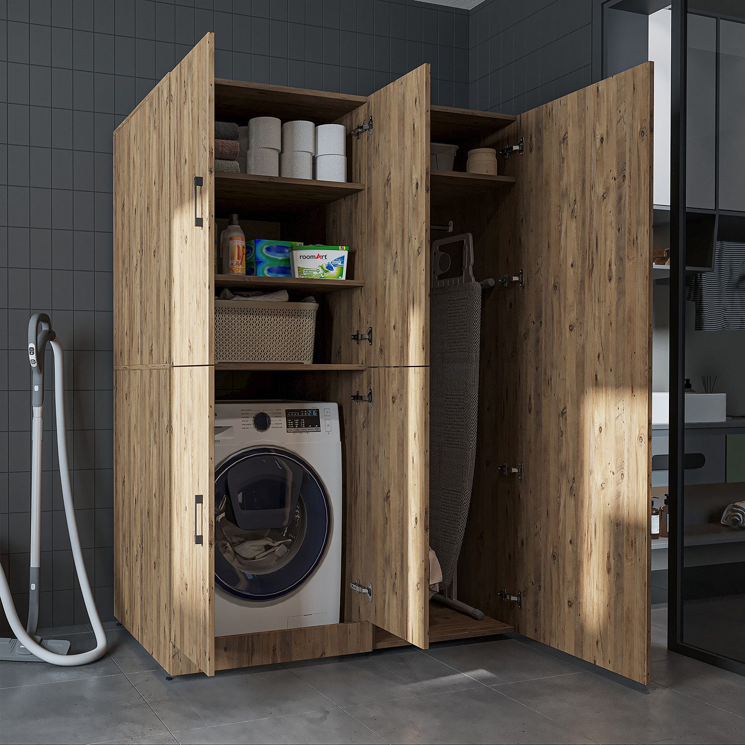 Roomart Waschmaschinenumbauschrank DORA 130 cm Waschmaschinenschrank + Hochschrank 60 cm, in 5 Farben (für Waschmaschine & Trockner mit Regalboden, Waschmaschinenschrank mit breitem Hochschrank – 2 Höhen) 130 kg Belastbarkeit, Hochschrank, links/rechts montierbar, in 5 Faren
