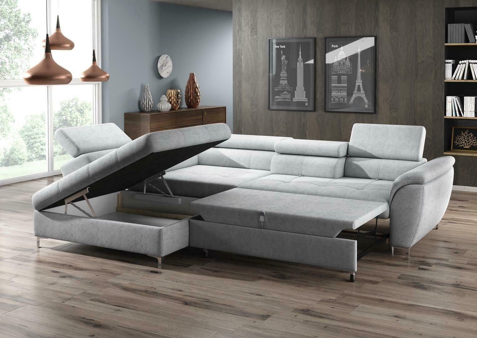 JVmoebel Ecksofa, Ecksofa L-Form Design Polster Bettkasten Modern Textil Grau Sofa