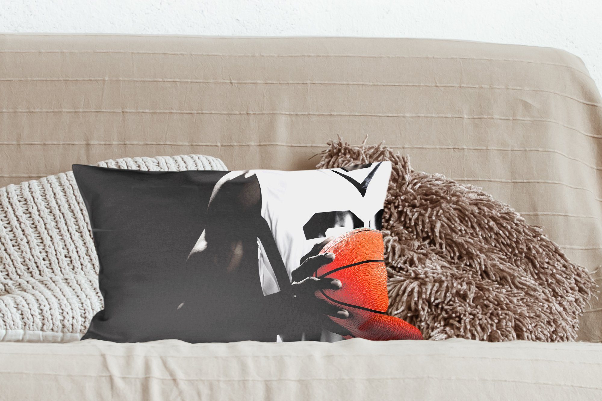 MuchoWow mit Schwarzer weißer Schlafzimmer Dekoration, Wohzimmer Füllung, Dekokissen einem Dekokissen und orangefarbenen, mit Zierkissen, Basketballspieler