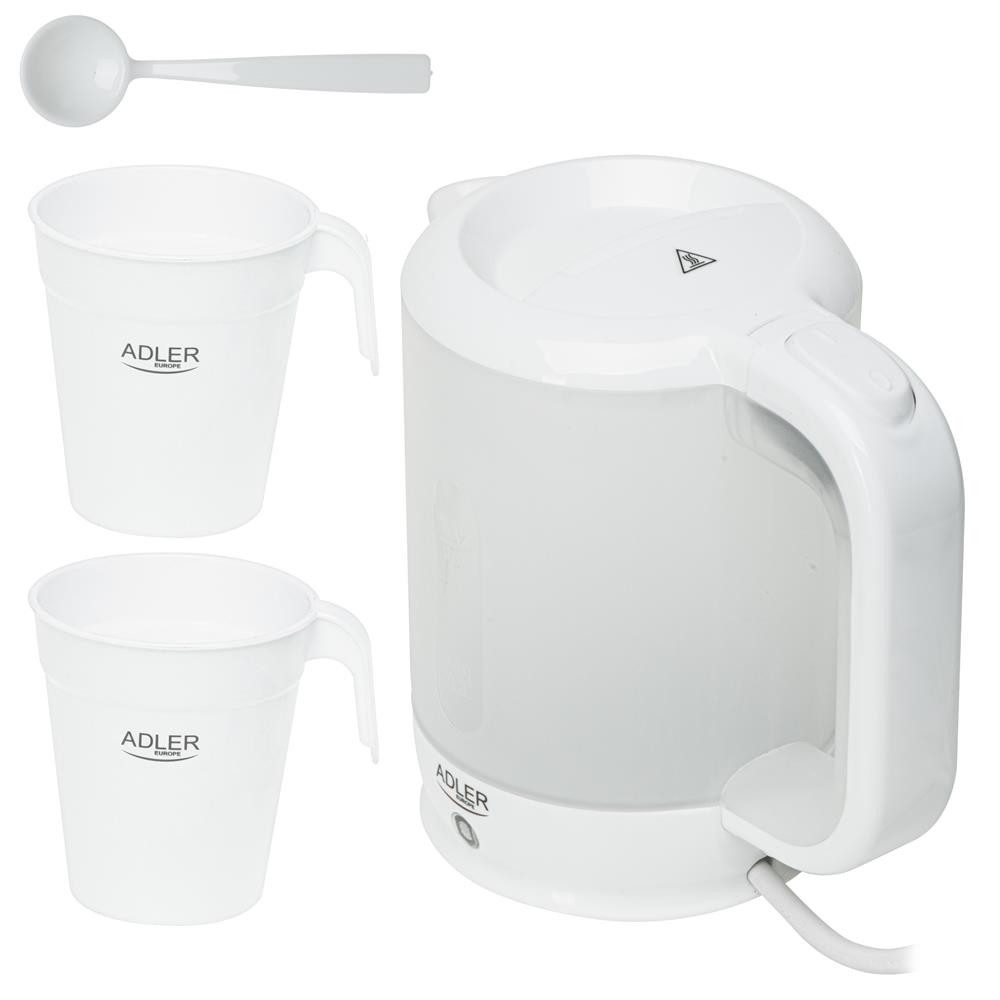 ADLER EUROPE Reise-Wasserkocher AD 1381 kompakter Reisewasserkocher mit 2 Bechern, Löffel, 0,5 l, 900 W, Kunststoff, für Reise, Camping, Hotel und Urlaub, weiß