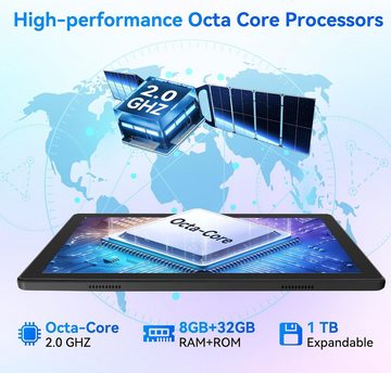 Freeski (1TB TF), Octa-Core 2.0 GHz Mit WiFi 6, Bluetooth 5.0 Tablet (10", 32 GB, Android 14, Widevine L1, 5MP+8MP, 5000mAh, GMS Zertifiziert, OTG, Type-C)
