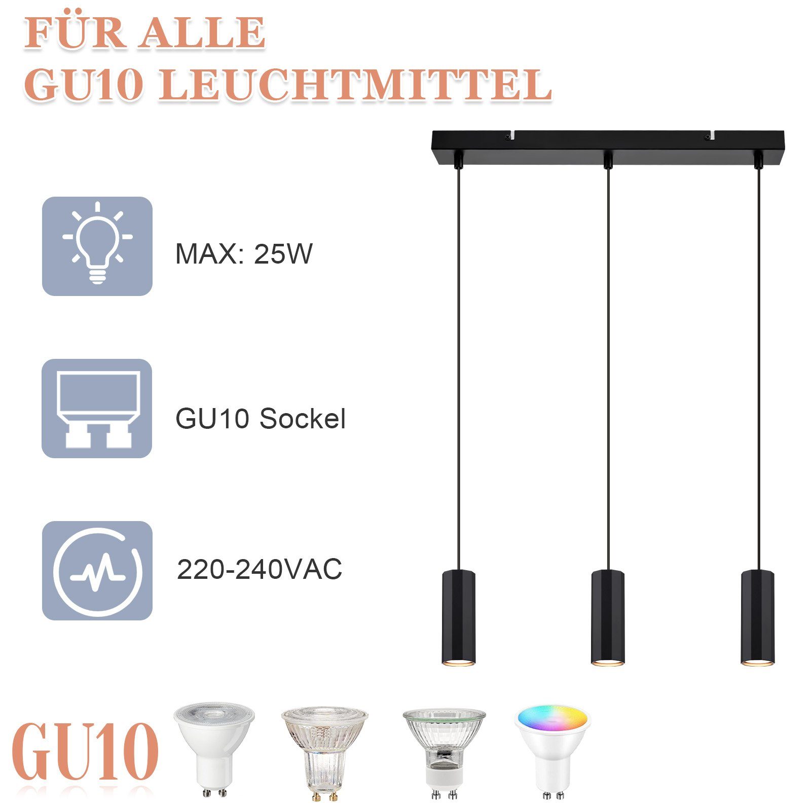 ZMH Pendelleuchte Modern Esstisch Schwarz 3 Flammig - Hängelampe GU10 Wohnzimmer, ohne Leuchtmittel, Industrial Esszimmerlampe x für Innen Küche Metall