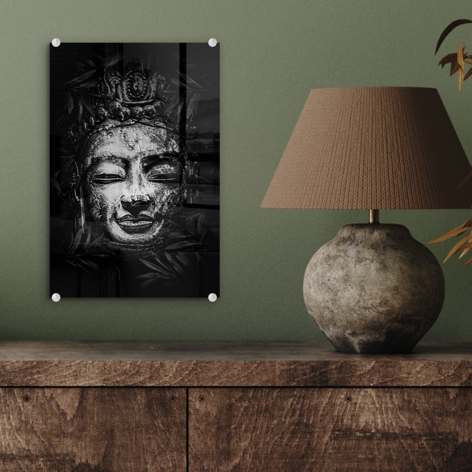 Buddhas Acrylglasbild mit - schwarz, Wandbild eines Kopf Blättern Glas - Glasbilder St), herum Bilder bunt auf Glas drum auf tropischen (1 MuchoWow Foto Rauher Wanddekoration - -