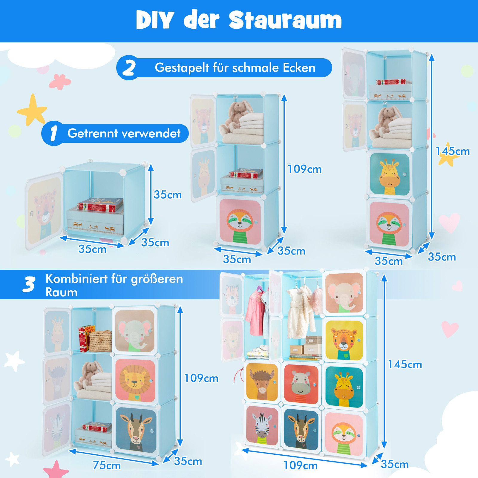 COSTWAY Kinderkleiderschrank mit 2 Kleiderstängen und 12 Würfeln, erweiterbar