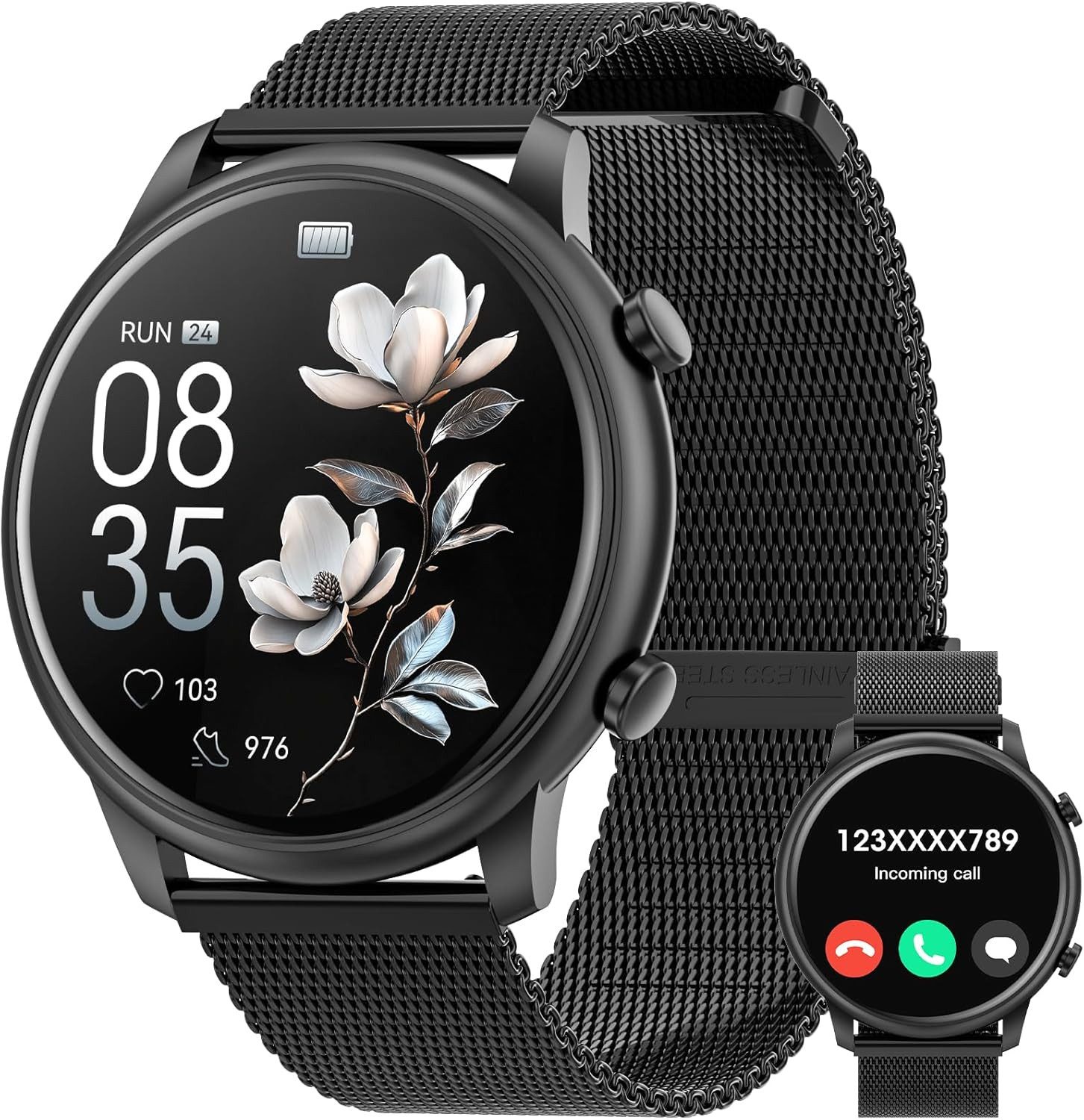 Hwagol Smartwatch (3,6 cm, android ios), Smartwatch Damen AMOLED Display Telefonfunktion IP68 Zyklustracking