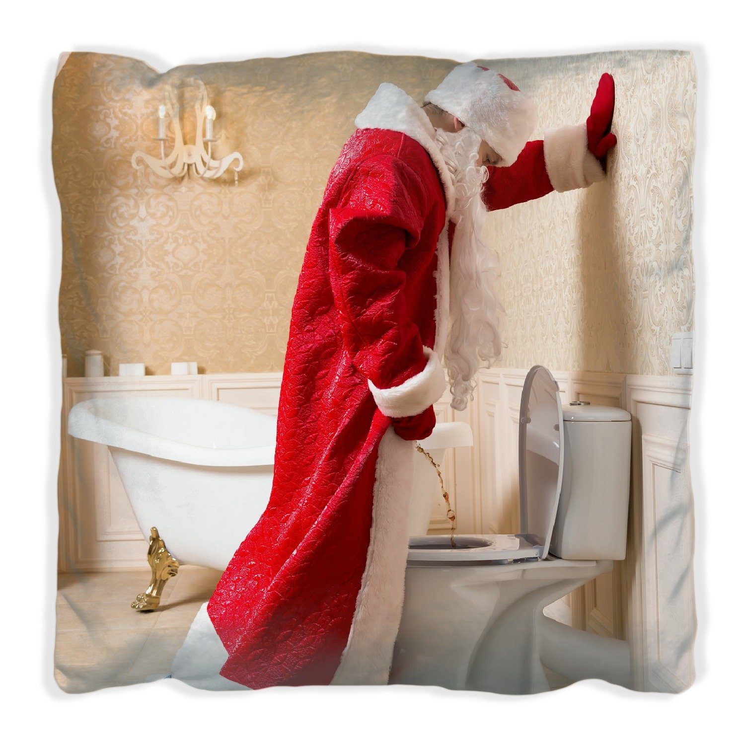 Wallario Dekokissen Weihnachtsmann macht Pause und pinkelt auf edler Toilette, handgenäht