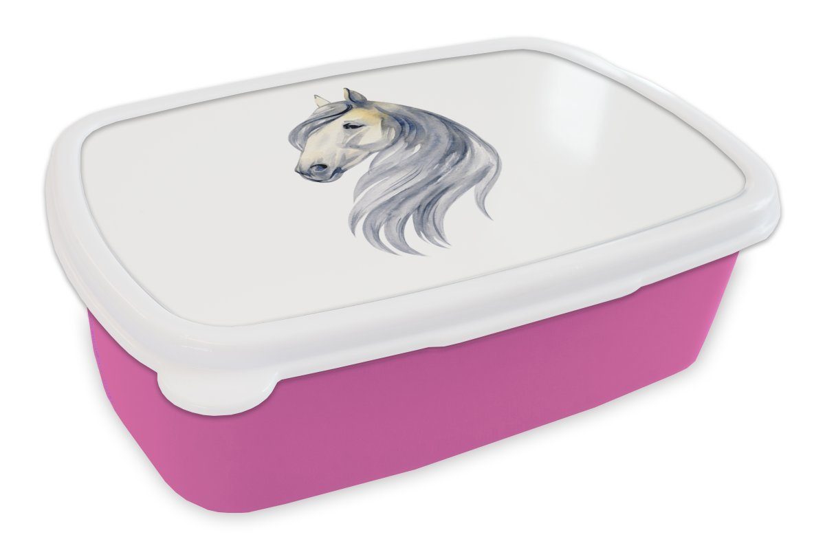 MuchoWow Lunchbox Pferd - Aquarell - Tier - Mädchen - Kinder - Mädchen, Kunststoff, (2-tlg), Brotbox für Erwachsene, Brotdose Kinder, Snackbox, Mädchen, Kunststoff rosa