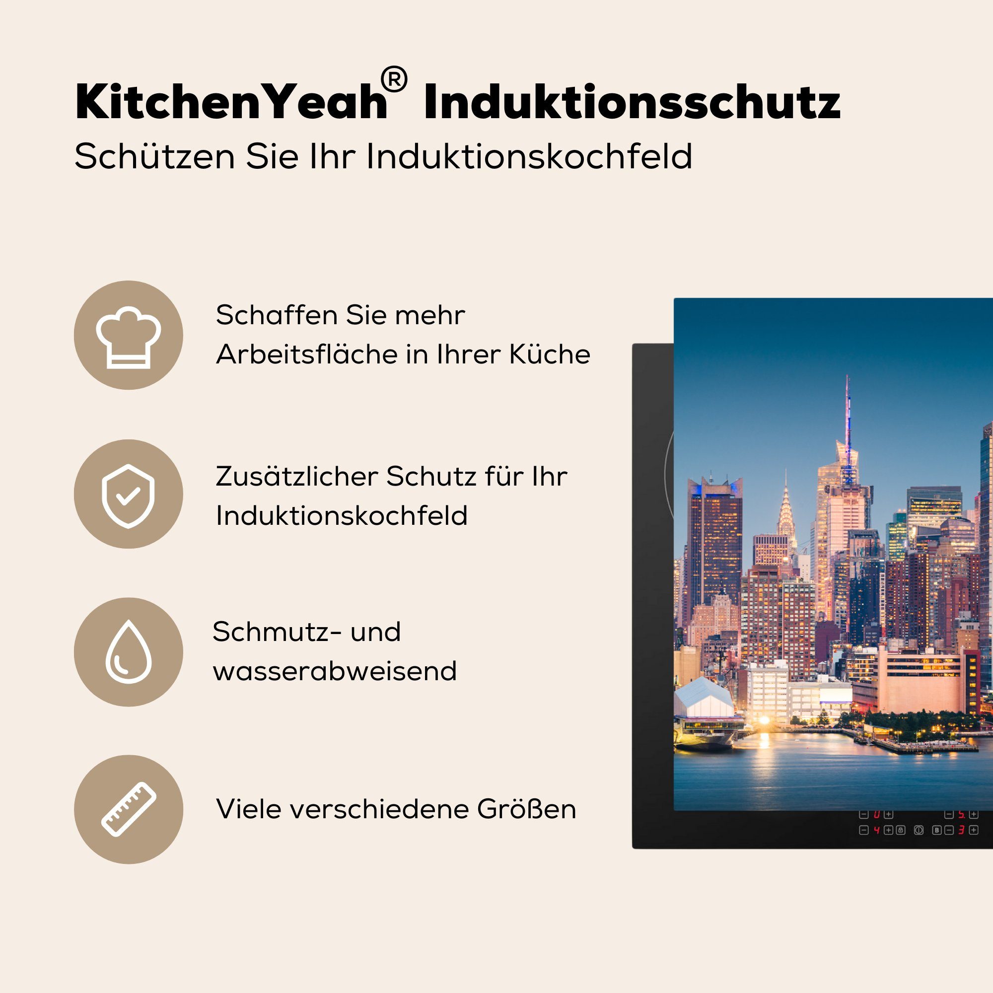 York - Schutz Induktionskochfeld (1 die cm, Vinyl, - Wasser MuchoWow Ceranfeldabdeckung Herdblende-/Abdeckplatte Manhattan, 81x52 New küche, tlg), für