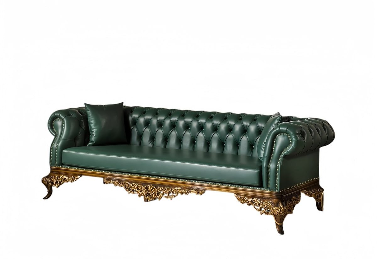 JVmoebel Büromöbel-Set Chesterfield Sofa Art Déco Grün Leder mit Beistelltischen, (6-tlg., Sofa 3 Sitzer, 2x Sessel, Couchtisch, 2x Beistelltisch), Made in Europe