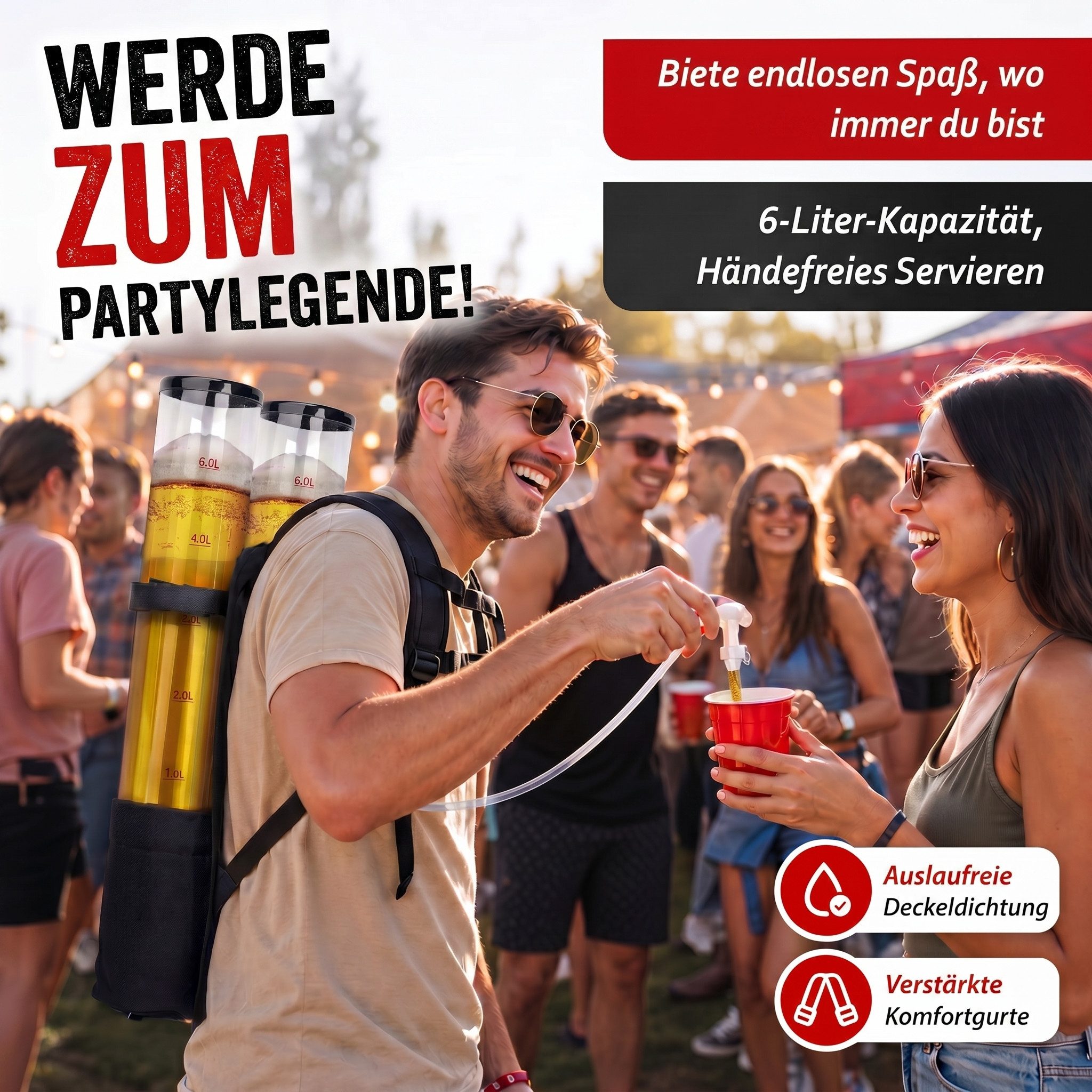 Goods+Gadgets Getränkespender GOODS+GADGETS 3L Bier Spender – Party Getränke Rucksack mit Zapfhahn, Getränkerucksack 1 x 3 Liter