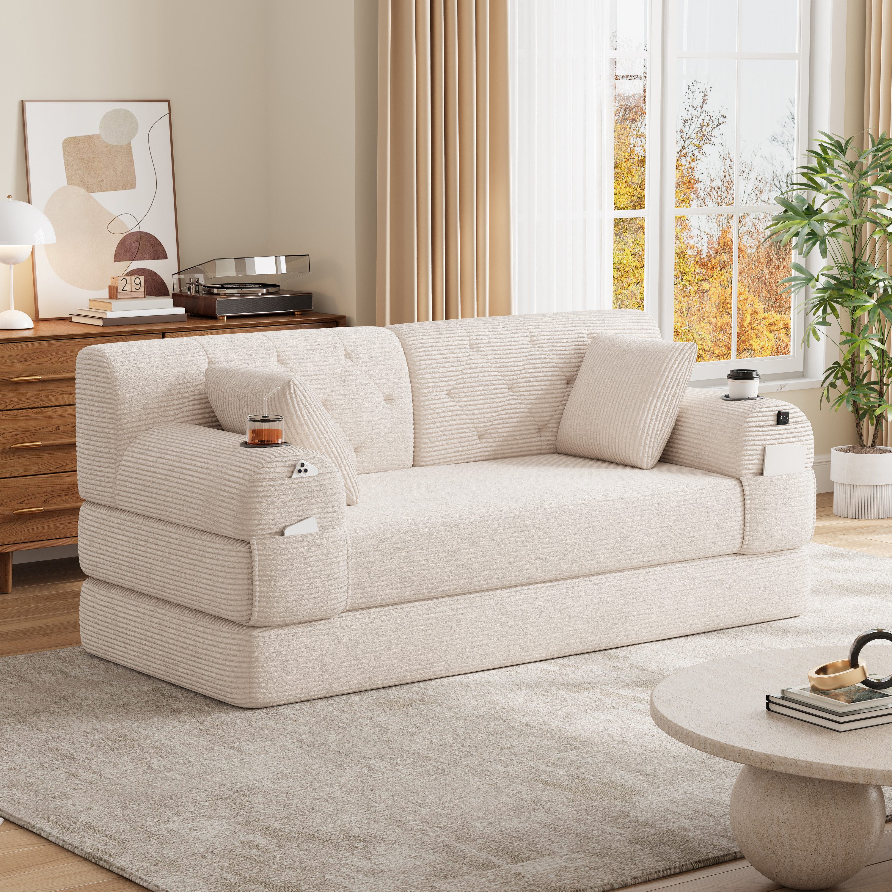 Celya Schlafsofa komprimiertes Cord Sofa mit hoher Rückenlehne, hochdichtem Schaumstoff, 2 Getränkehaltern und 4 Seitentaschen, Schlaf Couch
