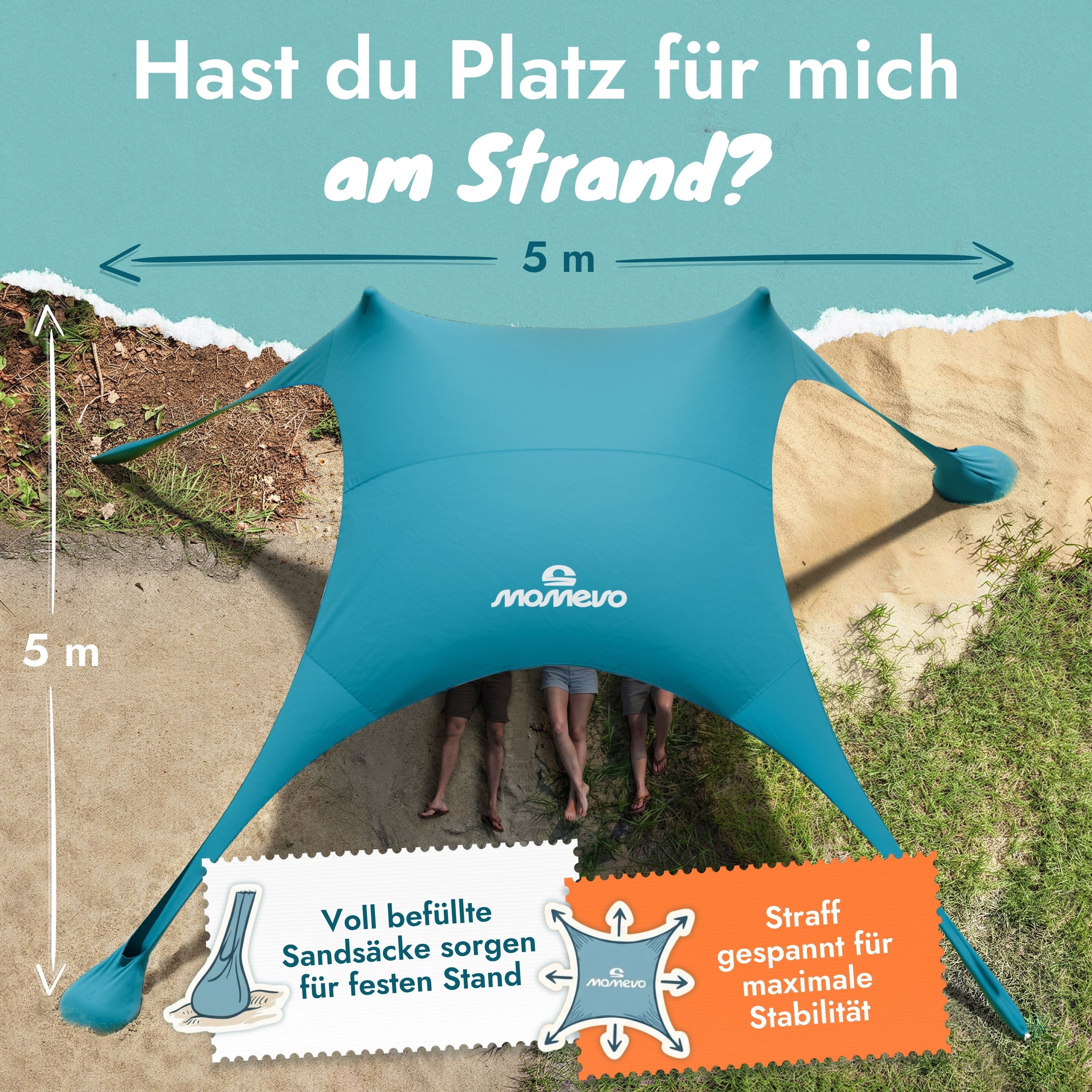Momevo Strandmuschel Strandzelt mit UV Schutz 50+, zertifiziert für Kinder, Baby, Familien, Personen: 4