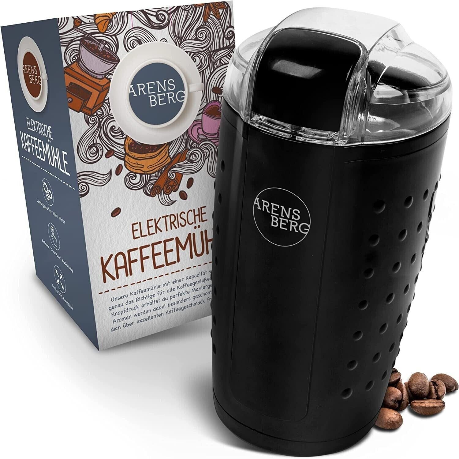 Arensberg Kaffeemühle Elektrische Kaffeemühle Coffee Grinder für Kaffeebohnen Nüsse Gewürze, 150,00 W, 80,00 g Bohnenbehälter, fein bis grob gemahlener Kaffee
