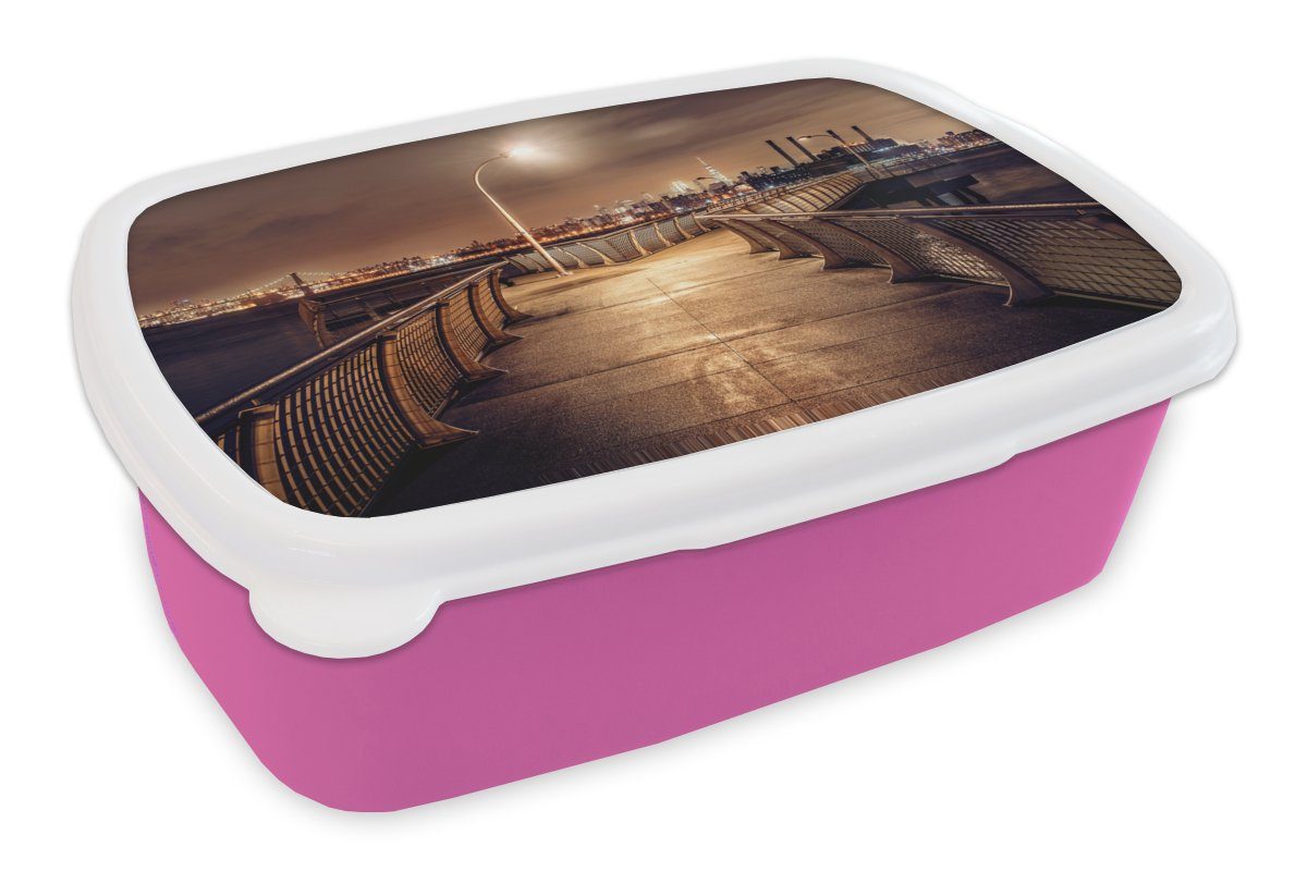 Snackbox, - für Erwachsene, Brotbox Stadt rosa Brotdose Mädchen, Laternenpfahl Kunststoff, Lunchbox Kunststoff (2-tlg), Kinder, MuchoWow Nacht, -