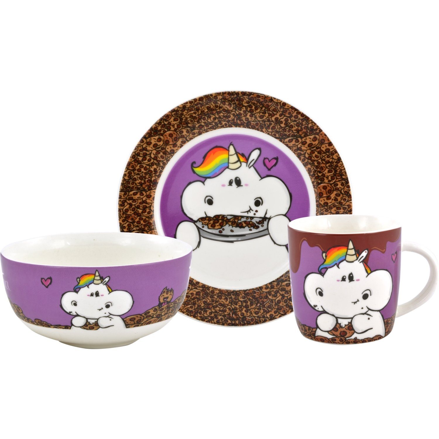 United Labels® Frühstücks-Geschirrset Pummel & Friends - Pummeleinhorn - Ich bin nicht dick - 3-teilig, 1 Personen, Porzellan