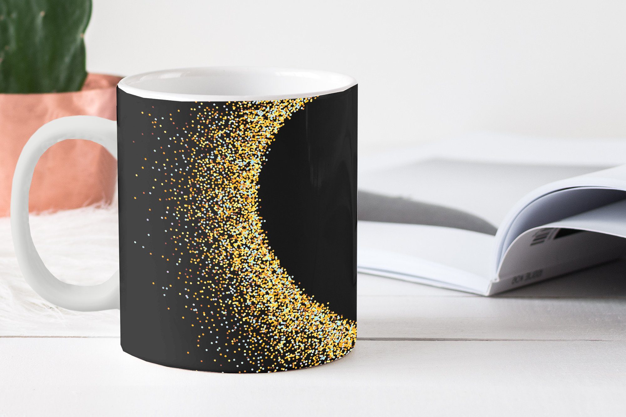 Kaffeetassen, Teetasse, auf Goldenes Tasse Hintergrund, Keramik, MuchoWow Teetasse, Geschenk Herz schwarzem Becher,