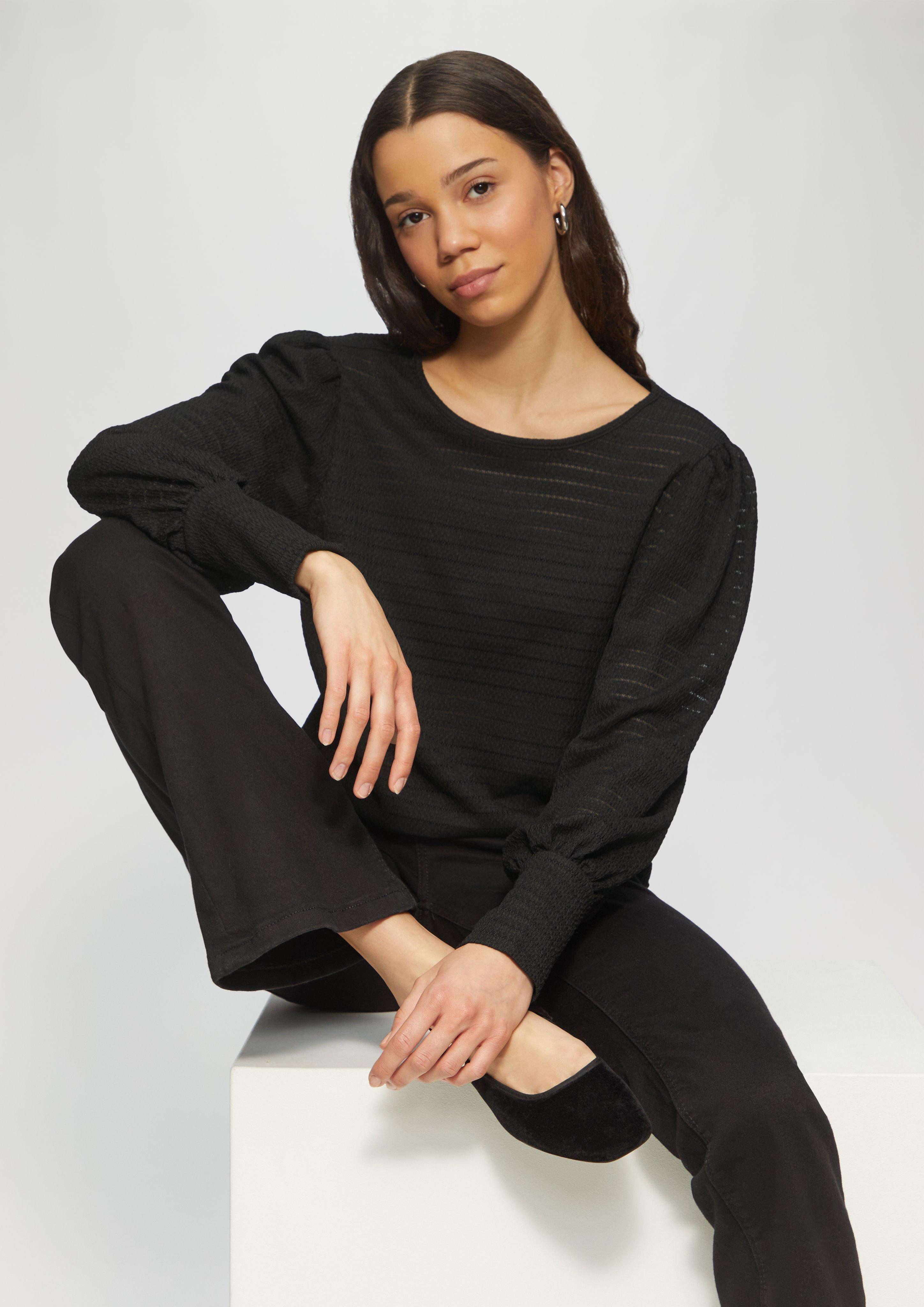QS Langarmshirt Strukturiertes Langarmshirt mit Puffärmeln günstig online kaufen