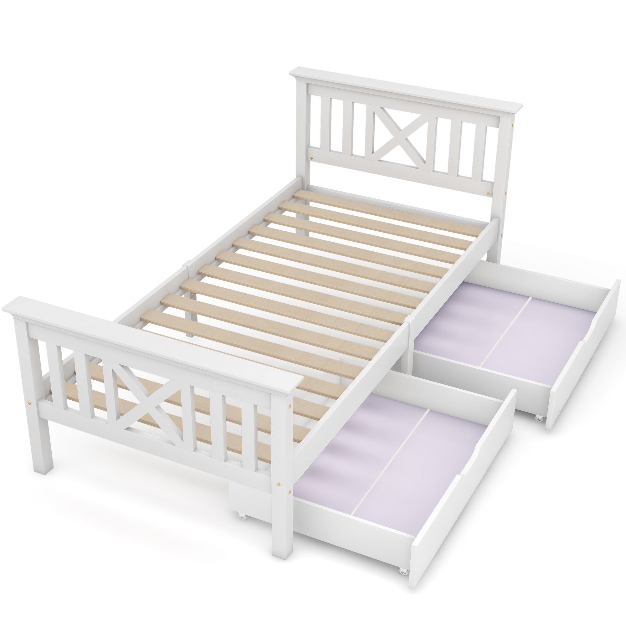 Massivholzbett, Einzelbett Holzbett mit 2 Schubladen, Lattenrost und Kopfteil 90x200cm