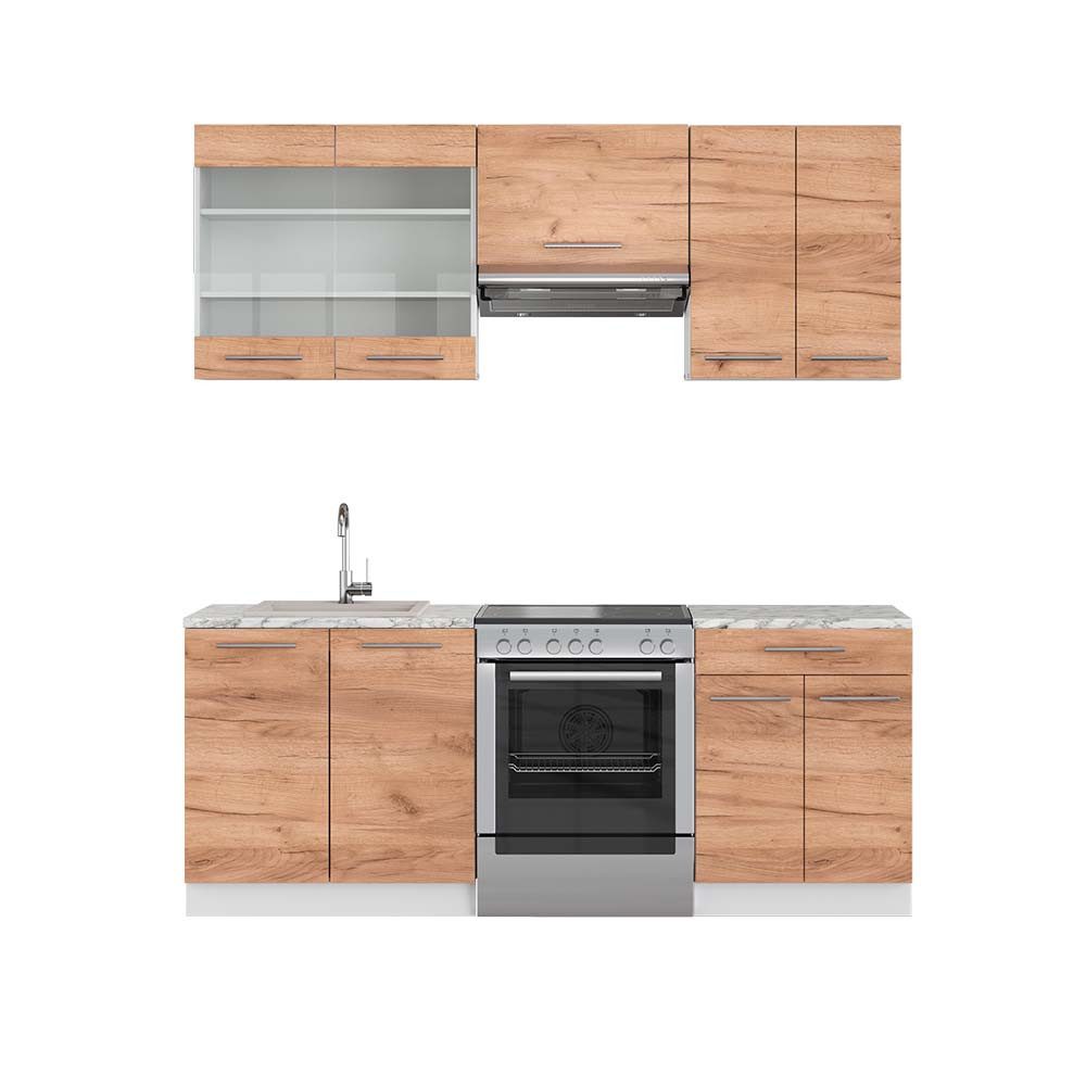 Vicco Küchenzeile Fame-Line, Goldkraft Eiche/Weiß, 200 cm, AP Marmor