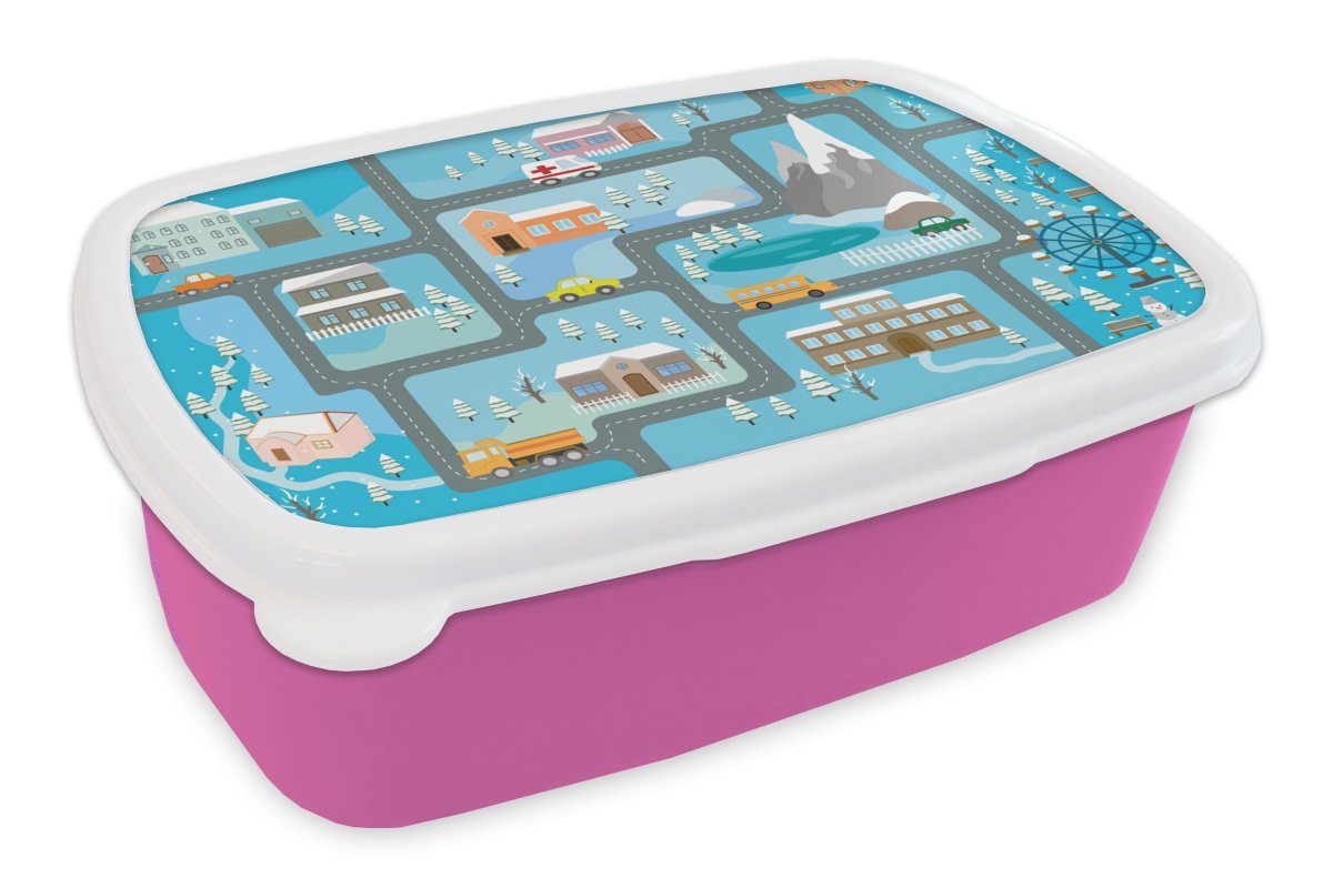 MuchoWow Lunchbox Krankenwagen - Schnee - Berge - Blau, Kunststoff, (2-tlg), Brotbox für Erwachsene, Brotdose Kinder, Snackbox, Mädchen, Kunststoff rosa