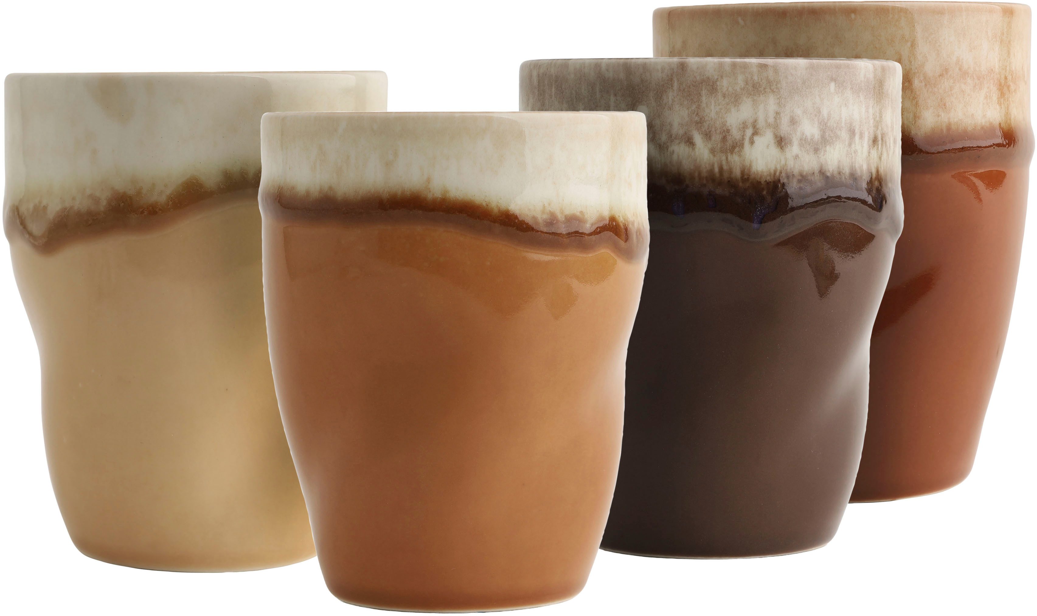 CreaTable Becher Squeezy Mocha Mousse, Kaffeebecher 4-tlg, 4-tlg., Steinzeug, Einzigartige Optik, Reaktivglasur