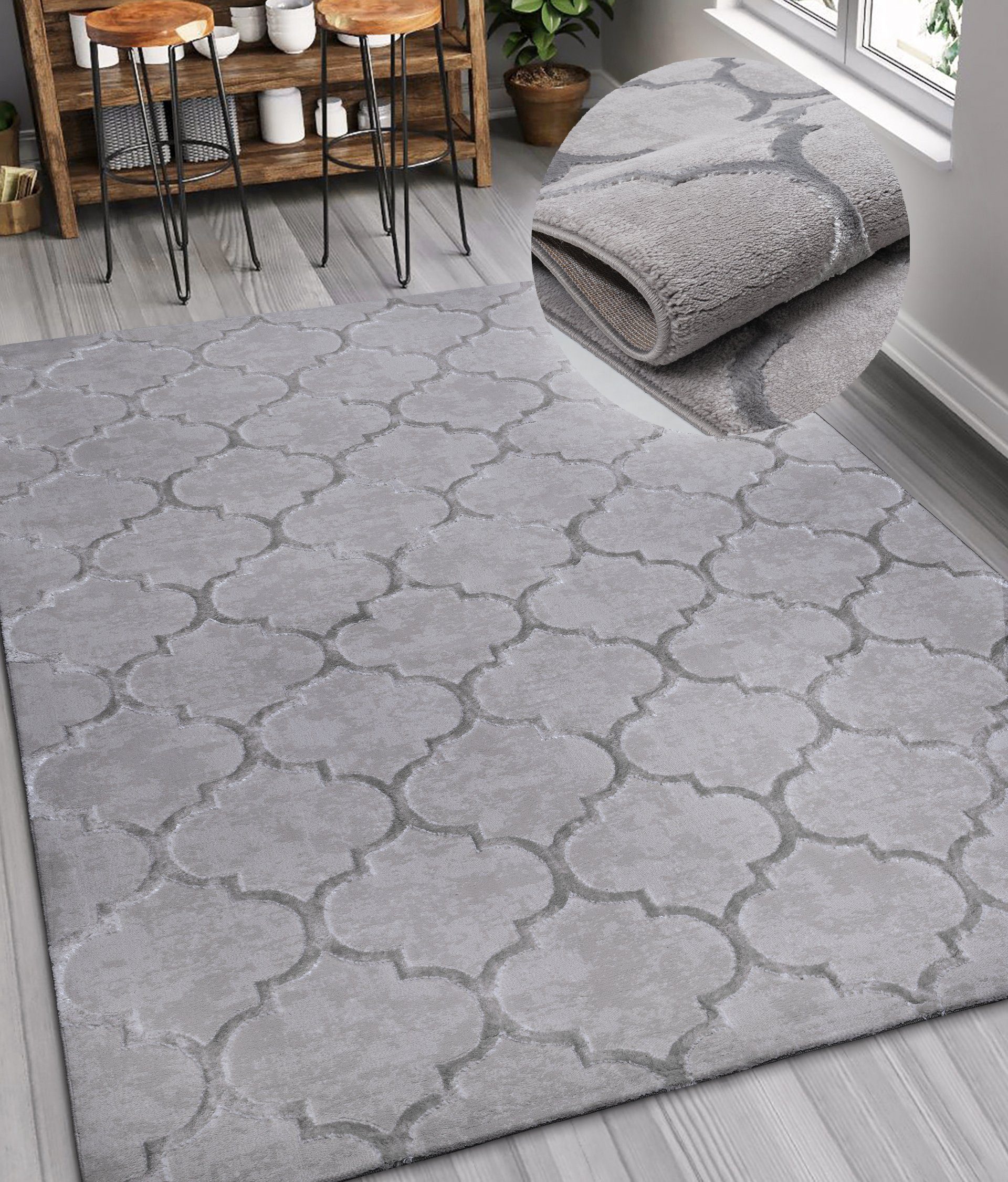Teppich Badra Kurzflor, my home, rechteckig, Höhe: 12 mm, geometrisch, Hoch Tief Design, 3-D Wirkung, Ornamente, Wohnzimmer grau