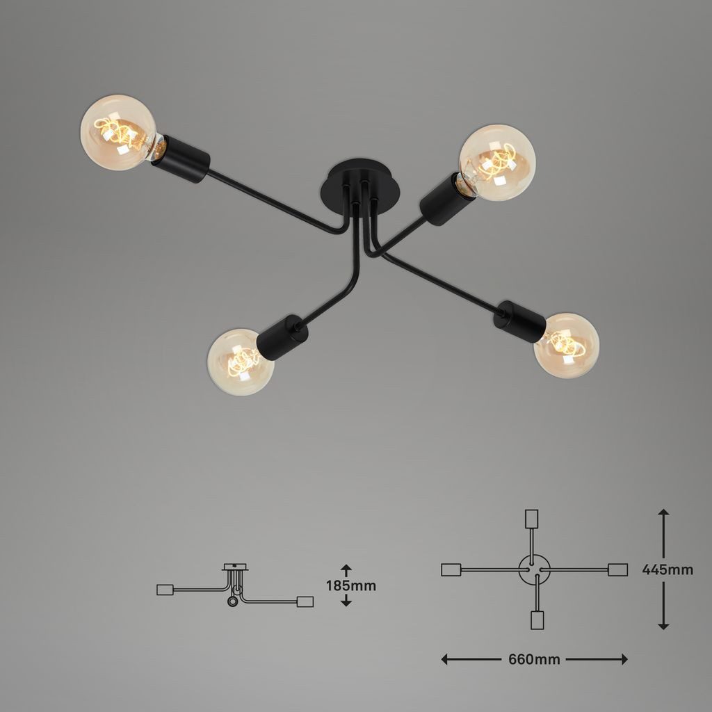 Briloner Leuchten LED Deckenleuchte 2886-045, Dimmfunktion, ohne Leuchtmittel, 2700K - Extra-Warmweiß, 4-flammig, schwarz, retro, dreh- und schwenkbar, exkl. E27 max. 60 W