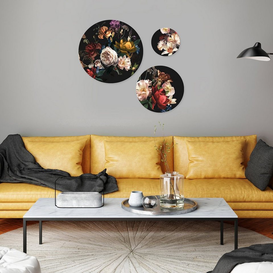 artissimo Mehrteilige Bilder mehrteiliges Bilder-Set 3 Wandbilder rund  Wandkreise vintage Blumen, Retro: Rosen auf schwarzem Hintergrund