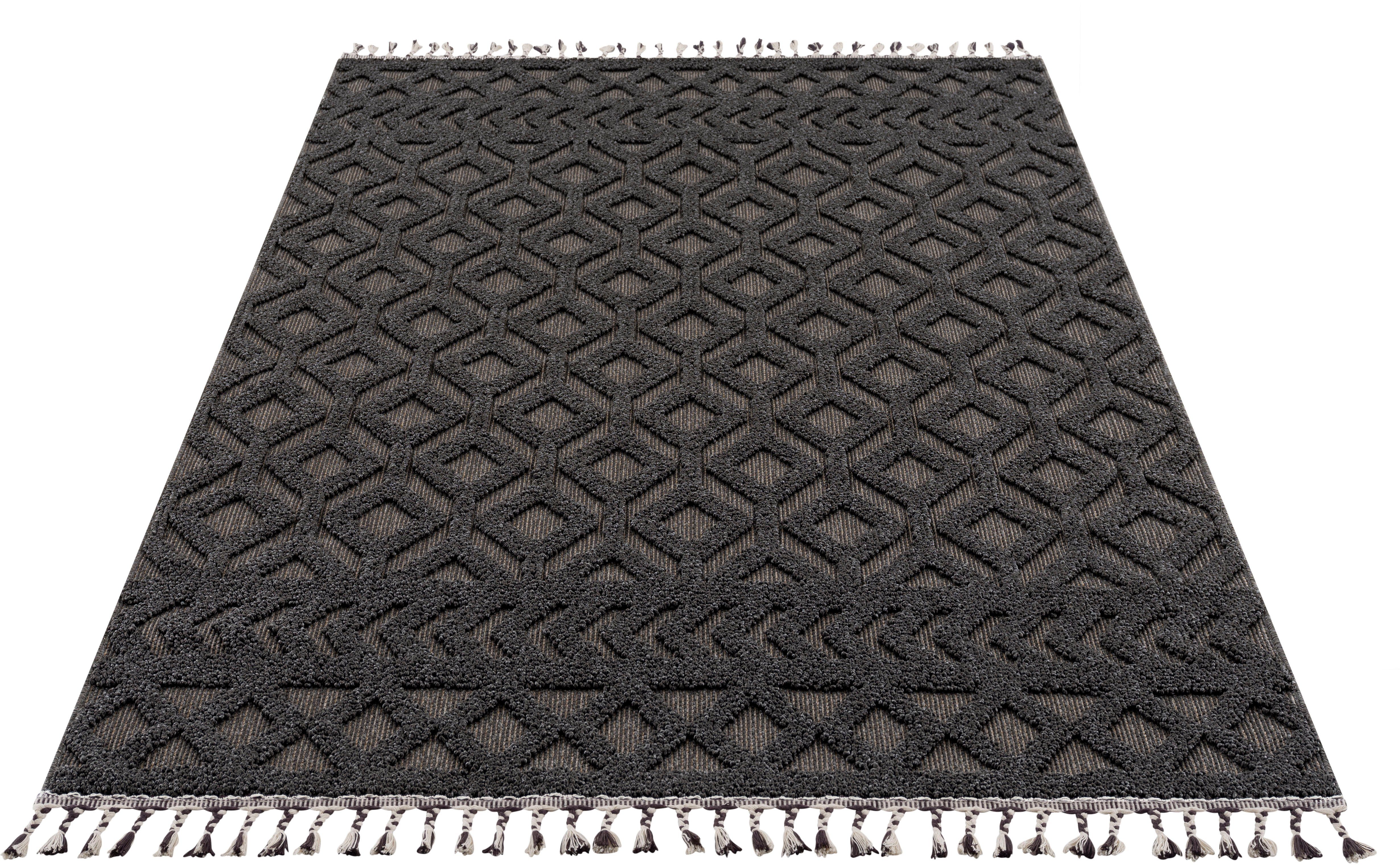 Teppich Mitch, Leonique, rechteckig, Höhe: 18 mm, Hoch-Tief-Effekt, im Boho-Stil, Woll-Look, mit Fransen grau