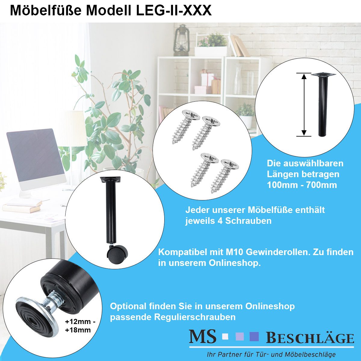 MS Beschläge Möbelfuß 4er Set Möbelstempel Schwarz ø 30mm Möbelbeine, (4-St)