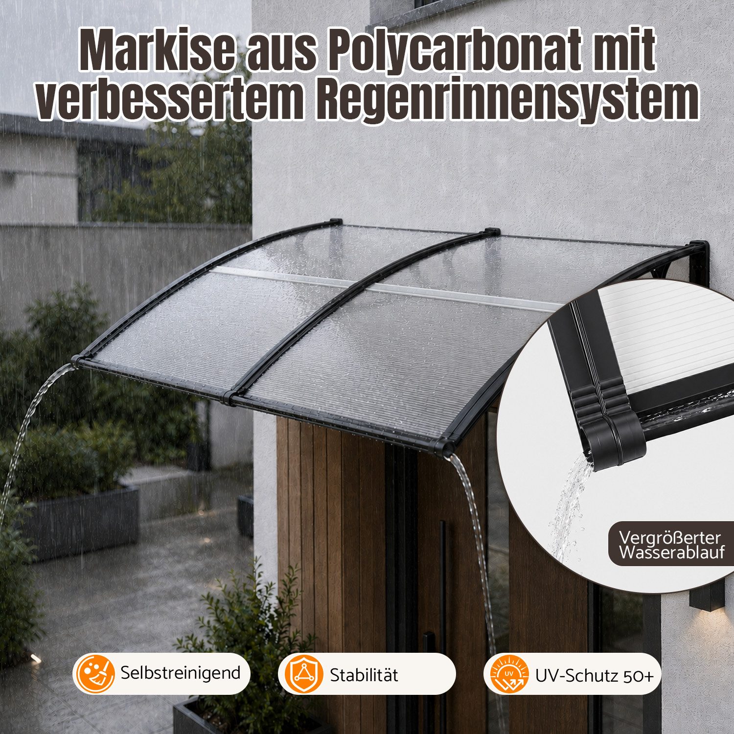 Clanmacy Vordach Haustürvordach mit Regenrinne 200x100 cm, Polycarbonat, Transparent – Bild 3 von 5