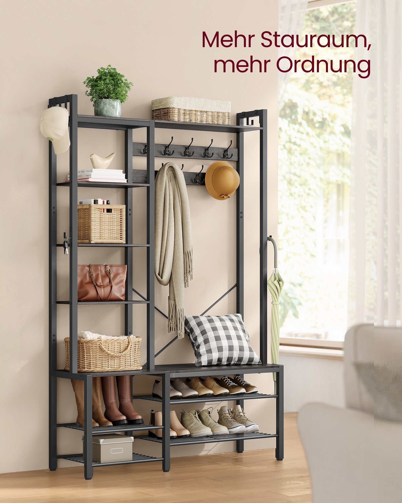 VASAGLE Garderobenständer Garderobe, Garderobenständer mit Schuhbank, 5 Regalebenen aus Spanplatten