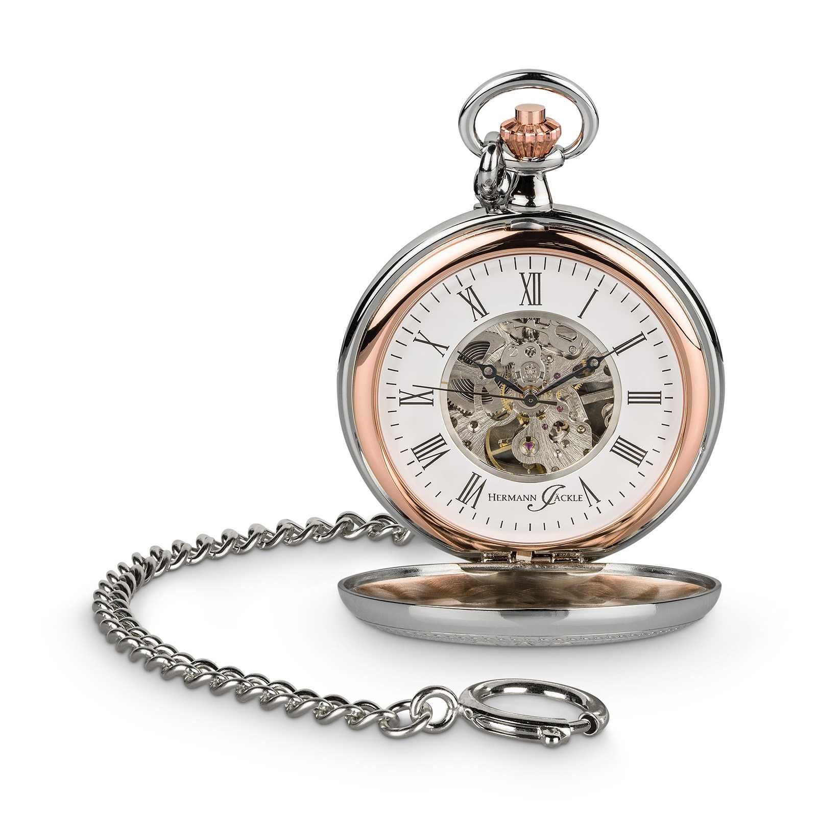 Hermann Jäckle Taschenuhr Lindau Skelett, Handaufzug, Mineralglas, mit Kette & Reiseetui