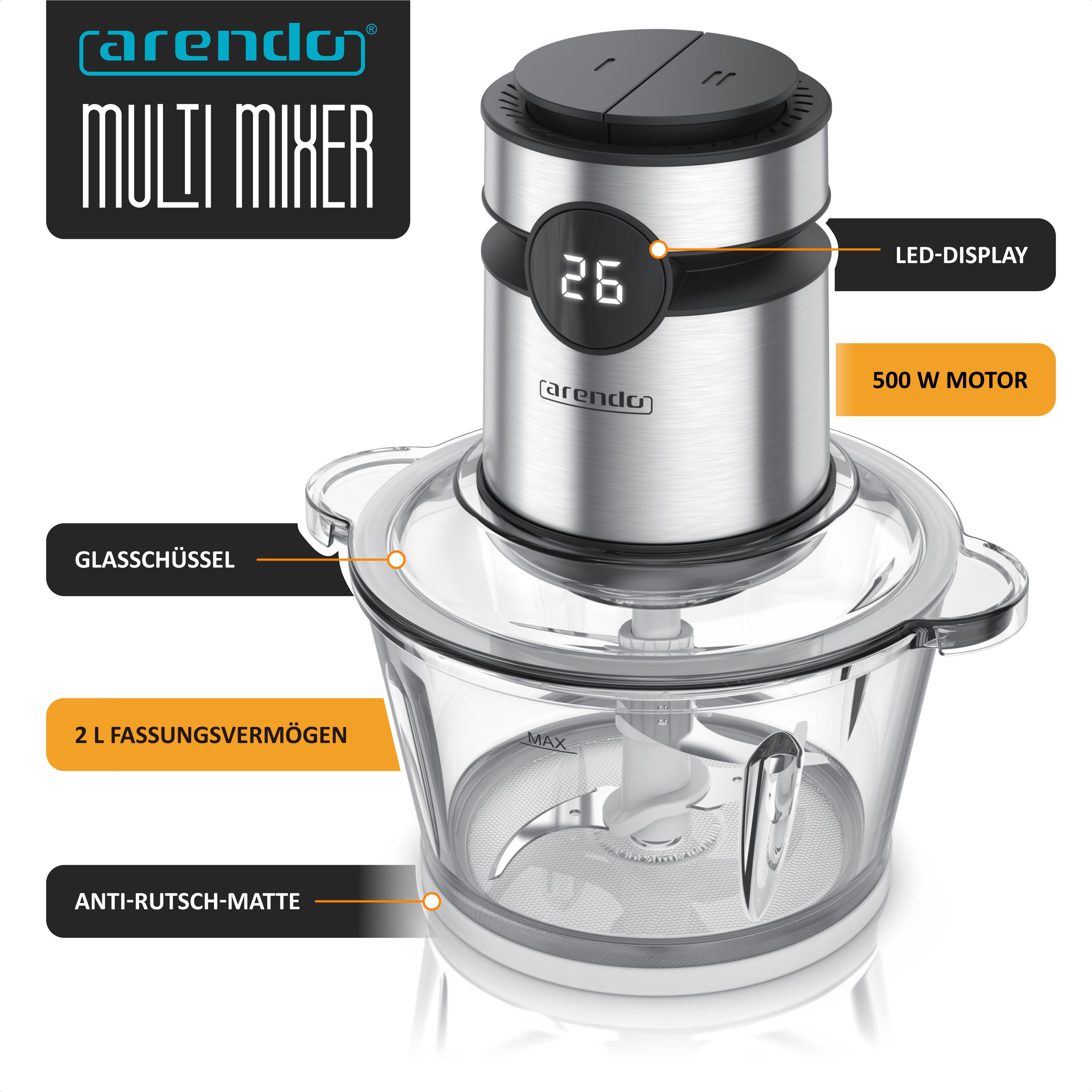 Arendo Zerkleinerer Elektrischer Multizerkleinerer für Fleisch Nüsse Obst Gemüse u.v.m., 500 W, Universalzerkleinerer mit 2 L Glasbehälter, Display, Sicherheitssperre