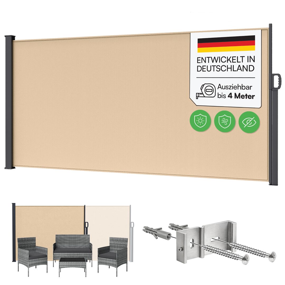 STEELSØN Seitenmarkise Zirella mit individuell einstellbarer Länge (beige, 160x400 cm) Windschutz mit Griff, Sichtschutz ausziehbar, für Garten/Terrasse