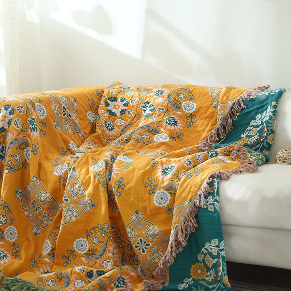 Doppelseitig Decke Sofaüberwurf Sofaschoner Muster 200*230cm FELIXLEO Baumwolle Blumen Gelb