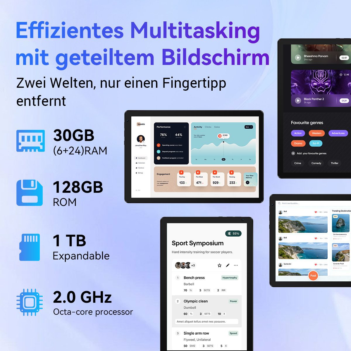 BUFO 10.1 Zoll Android, 4GB/6GB+128GB, 1280x800 HD, incl. Hülle Set Tablet (10", 128 GB, Android 16, Octa core mit Tastatur, Stift, Maus, Hülle, Kopfhörer, WiFi 6 BT 5.4)