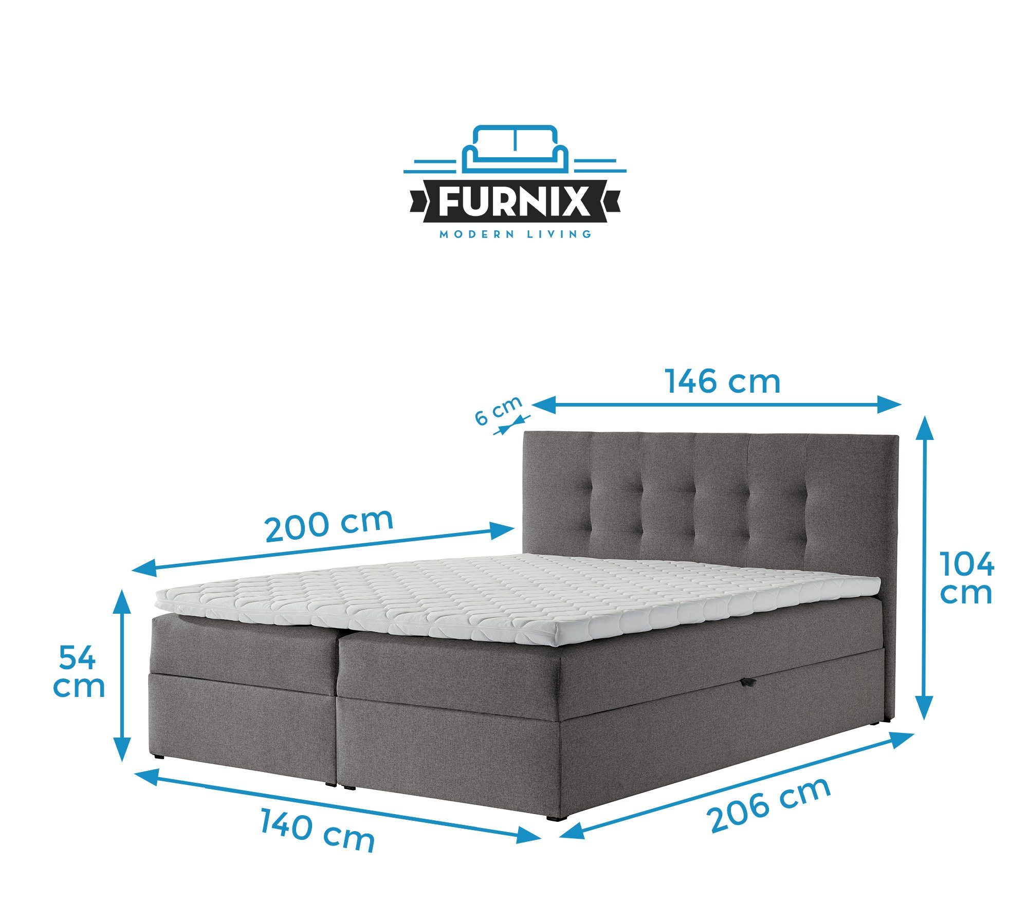 Furnix Boxspringbett TREZO 140-180x200 Topper 2 Grau tiefen Liegefläche: + cm mit Bettkasten und 54 5 Auswahl, der Höhe