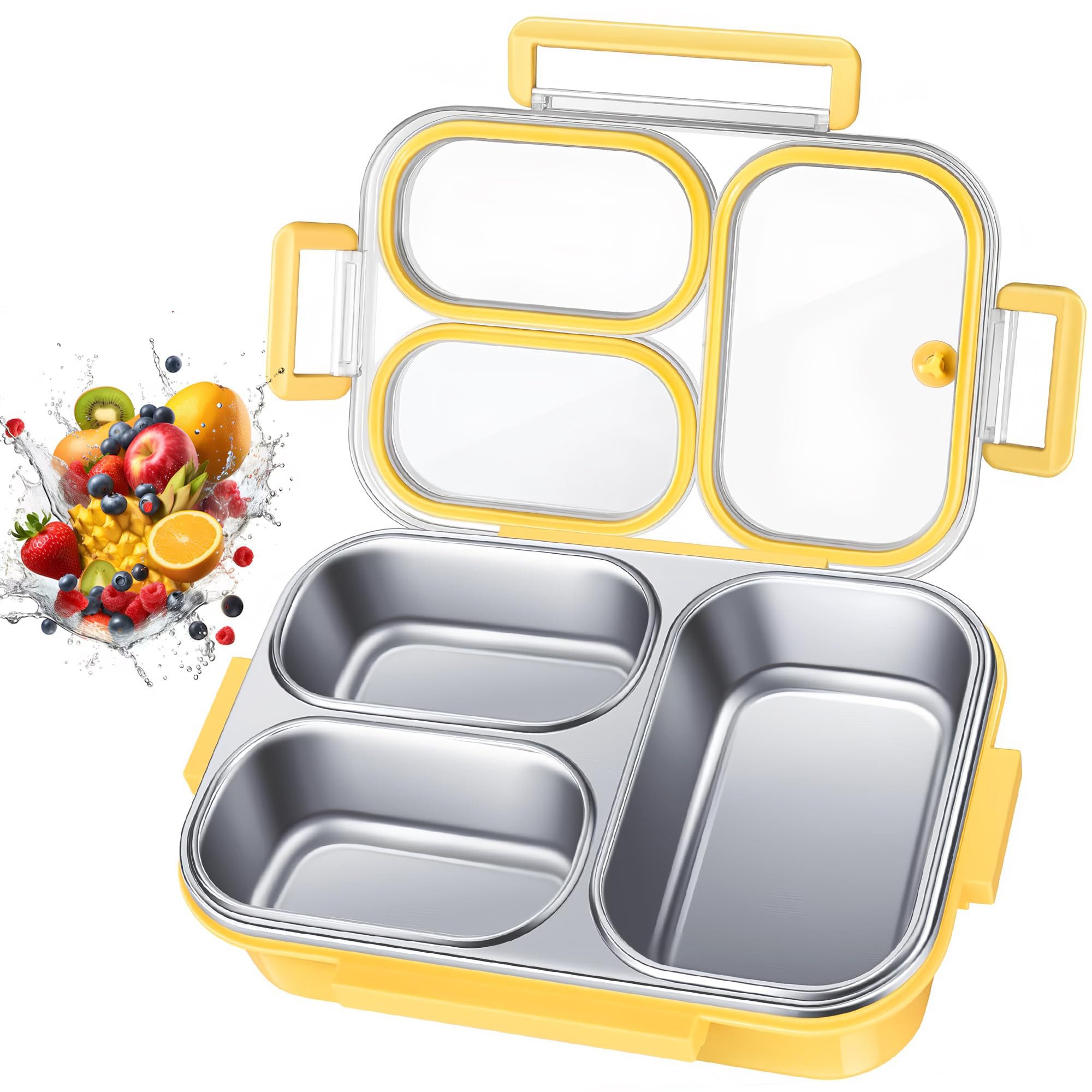 FOUORTUNATE-BEE Lunchbox 800ml Lunchbox Brotdose Edelstahl mit 3 Fächern, ABS und Edelstahl, (Unabhängiger Dichtungsring, Auslaufsicher Lunchbox)