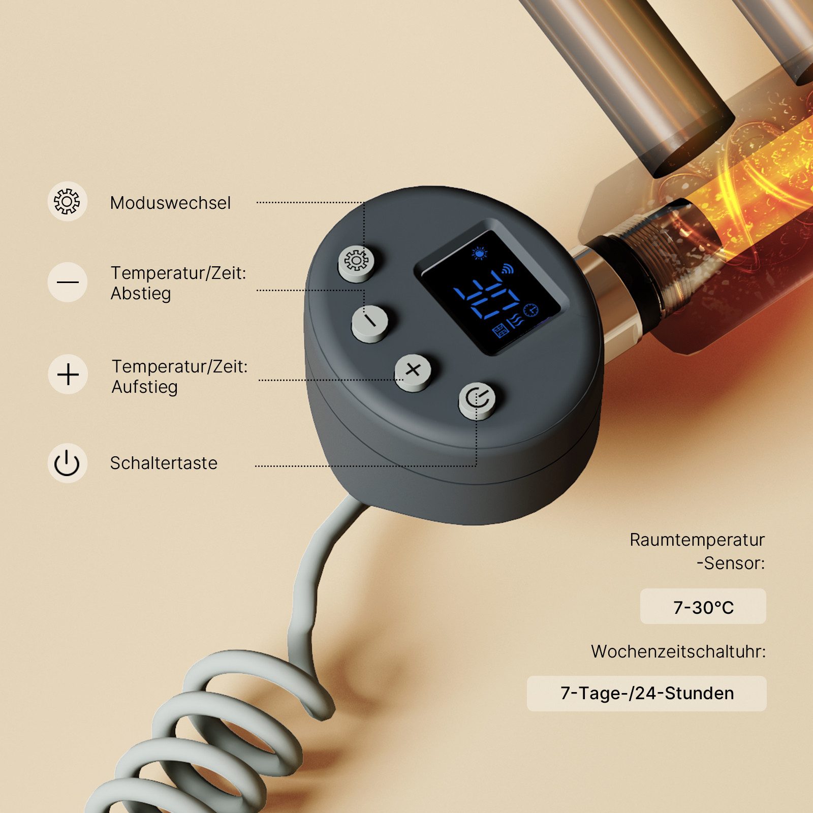 EMKE Heizstab heizkörper 300-1200W Timing Funktion Temperatureinstellung: 30-70°C, Wifi APP Steurung Thermostat Heizelement für Badheizkörper – Bild 4 von 5