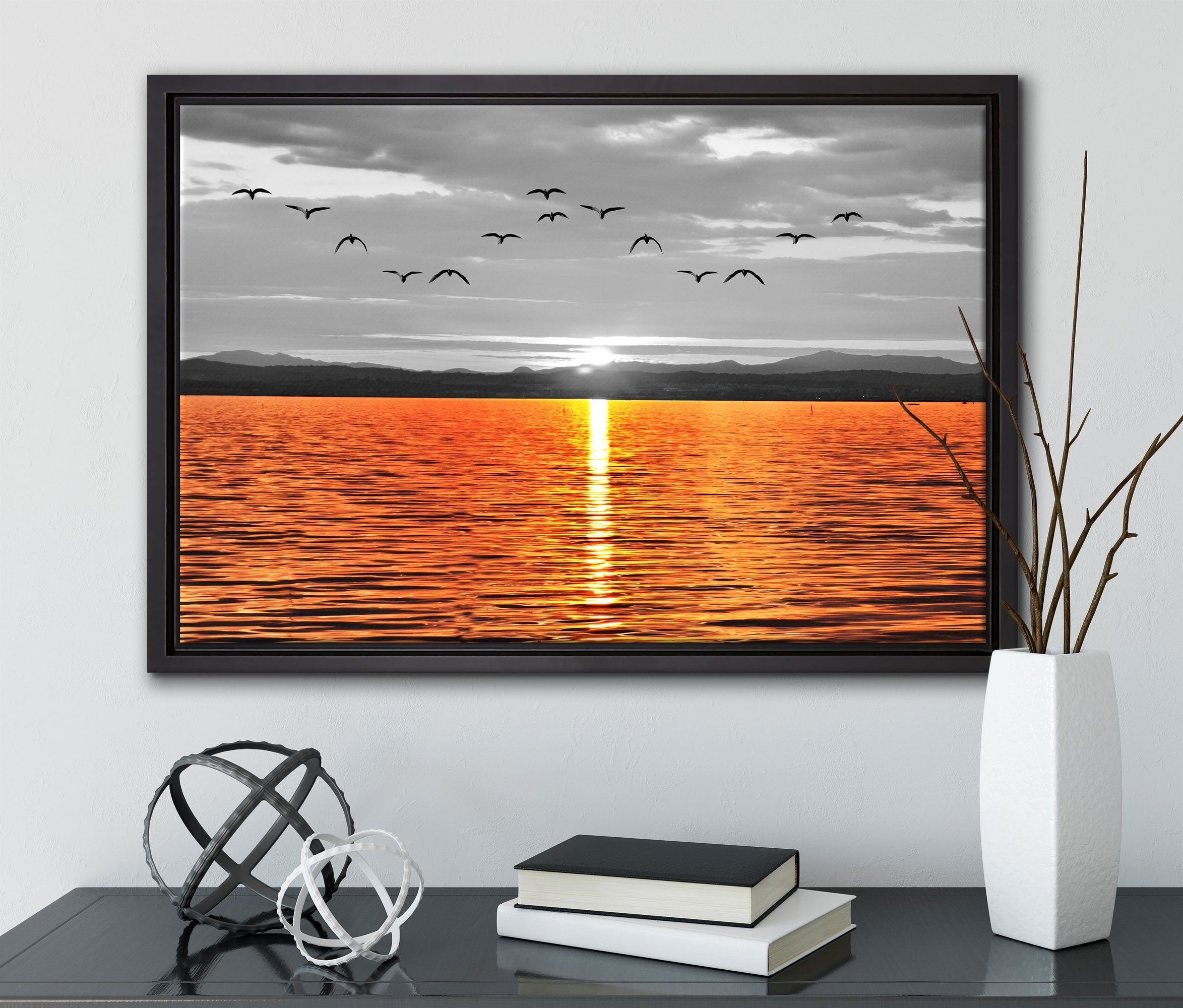 Pixxprint Leinwandbild ruhiger See bei St), einem in Leinwandbild bespannt, Sonnenuntergang, fertig Zackenaufhänger gefasst, Wanddekoration (1 Schattenfugen-Bilderrahmen inkl
