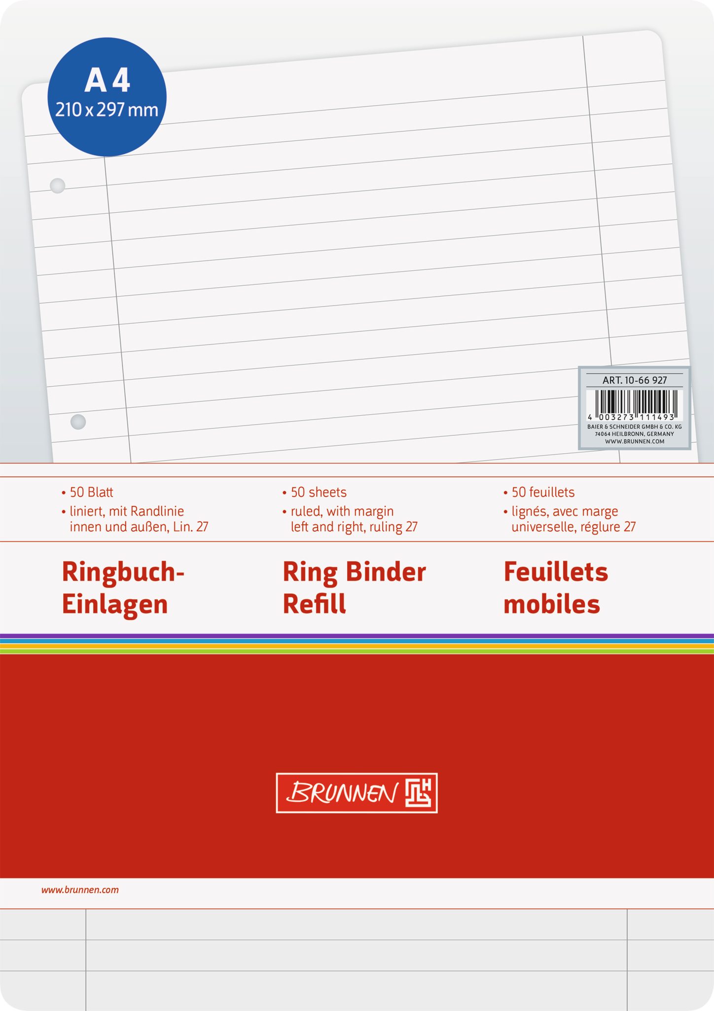 BRUNNEN Ringbuchmappe Ringbucheinlagen A4 liniert, mit Randlinie innen und außen, Lin. 27