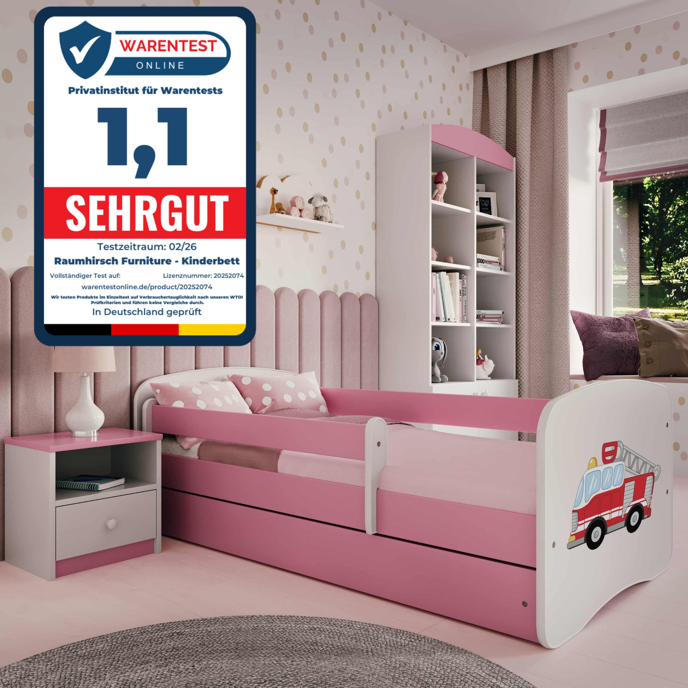 Raumhirsch Furniture Kinderbett 70x140, 80x160, 80x180 cm - Komplettset mit Schublade (Bett für Mädchen, Einzelbett für Kinder von 2-12 Jahren, Rausfallschutz und Lattenrost), verschiedene Farben & Designs