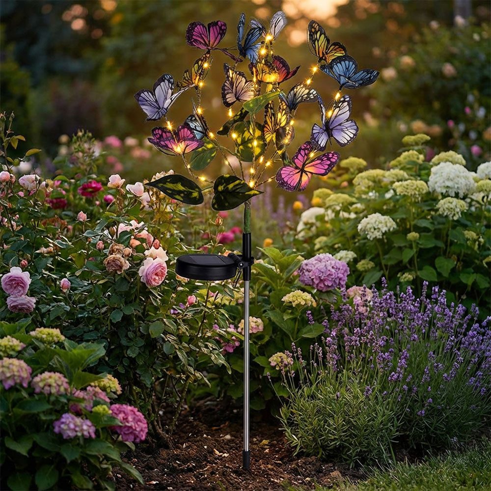 Haushalt International LED Dekofigur, LED-Leuchtmittel fest verbaut, Warmweiß, 2x Solar Steckleuchten LED Gartendeko Schmetterlingsschwarm