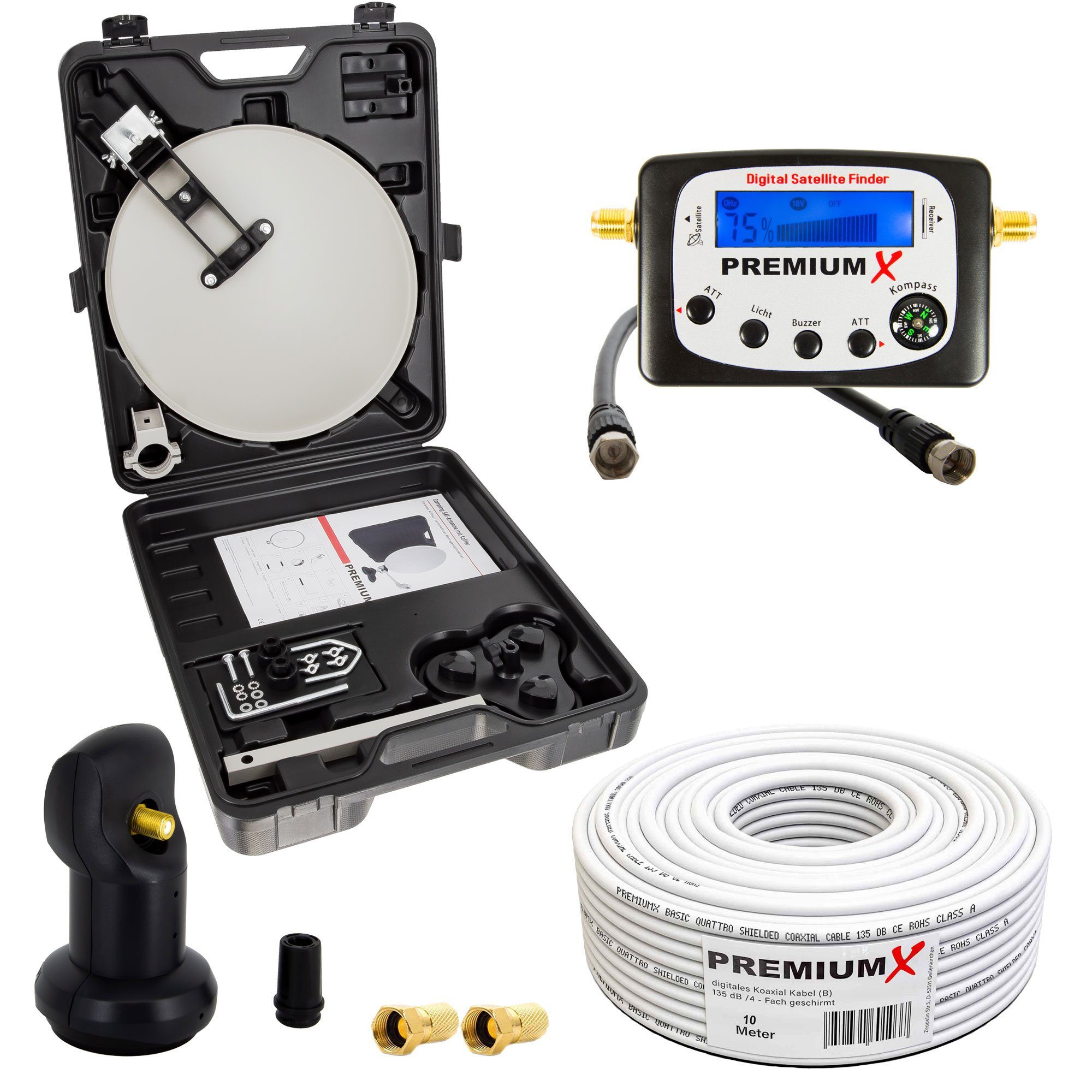 PremiumX Camping SAT Anlage Satelliten-Finder LNB 10m Kabel F-Stecker Koffer SAT-Antenne