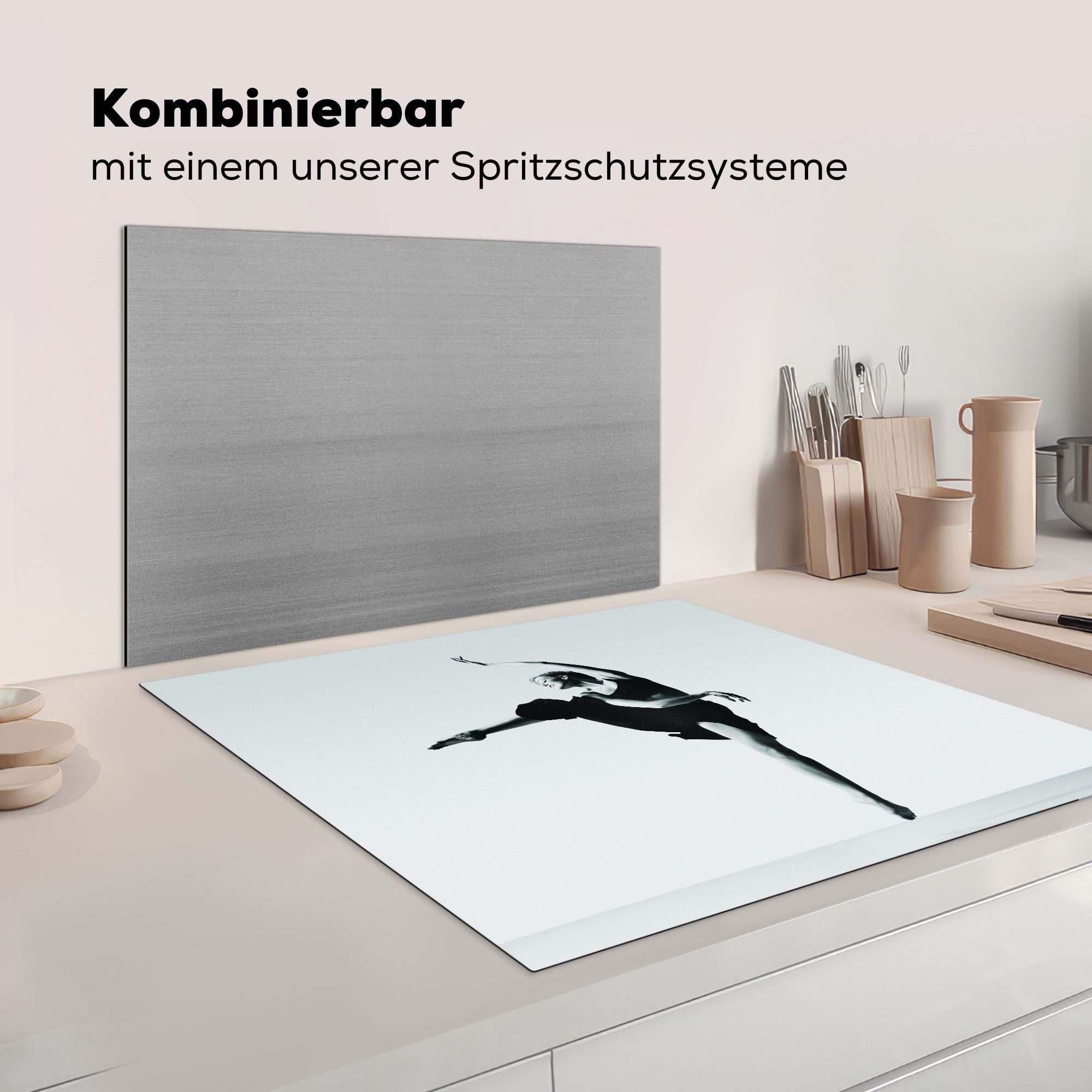 küche Weiß, und (1 Herdblende-/Abdeckplatte Vinyl, tlg), cm, Ceranfeldabdeckung, in MuchoWow auf 78x78 Arbeitsplatte Schwarz Ballerina für Zehenspitzen