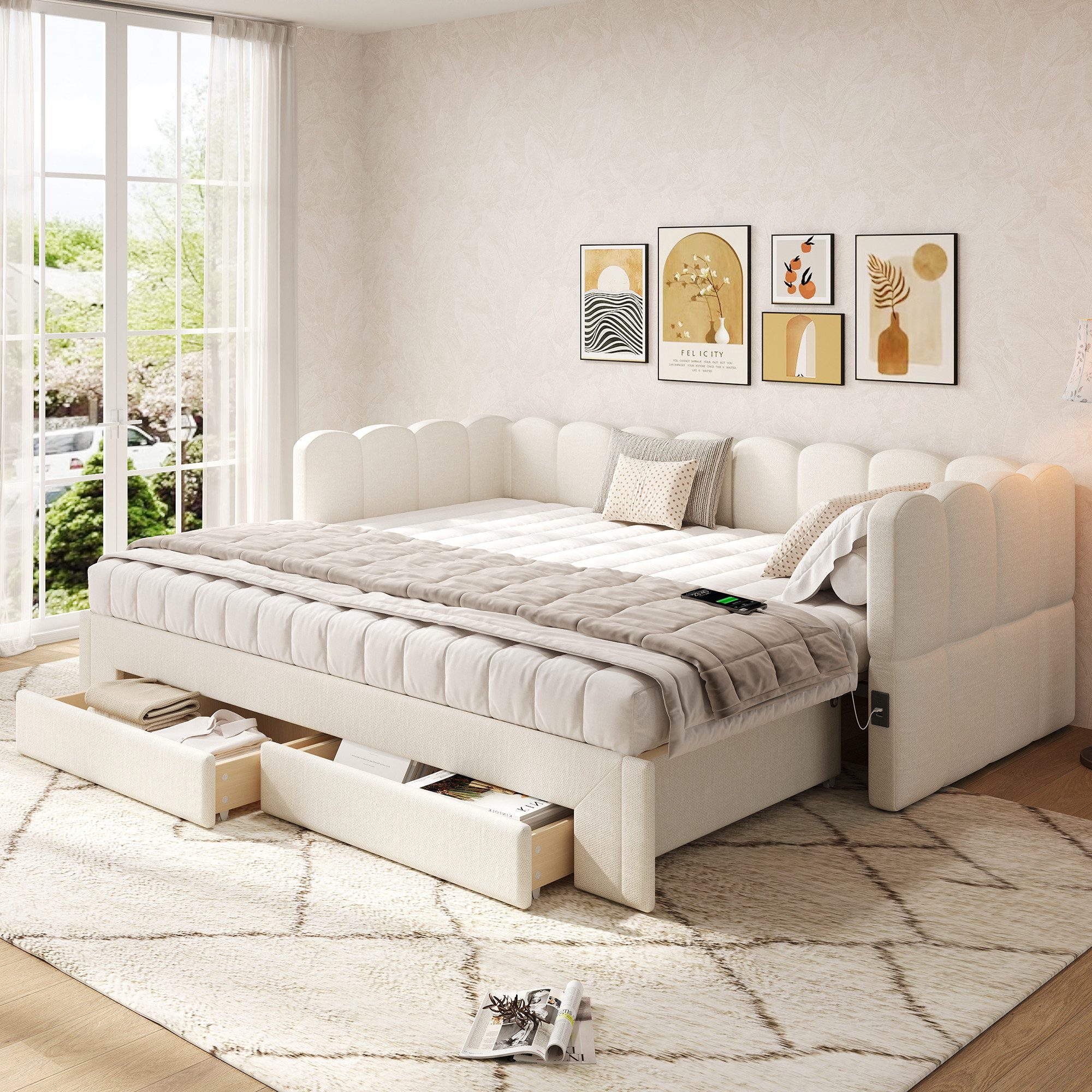 Flieks Daybett, Polsterbett Tagesbett 90/180x200cm mit Ausziehbett, 2 Schubladen, USB
